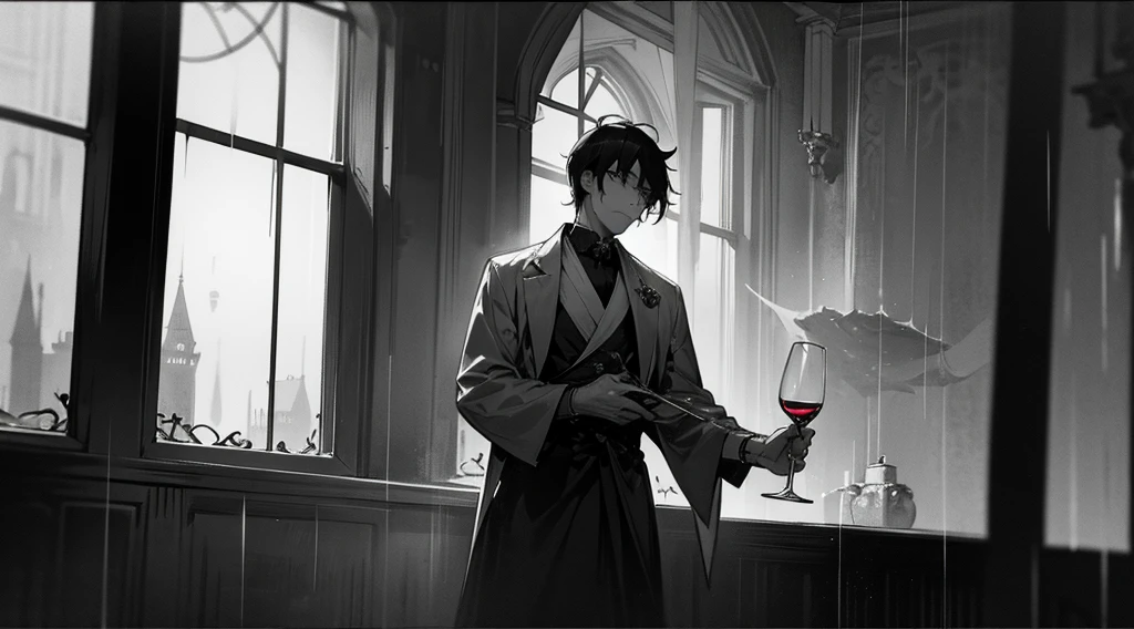 a man holding a glass of wine with one hand, looking aside with his menacing eyes through a closed window an old dark creepy castle, at night, it's raining outside with fog and thunder, black and white, manga style
