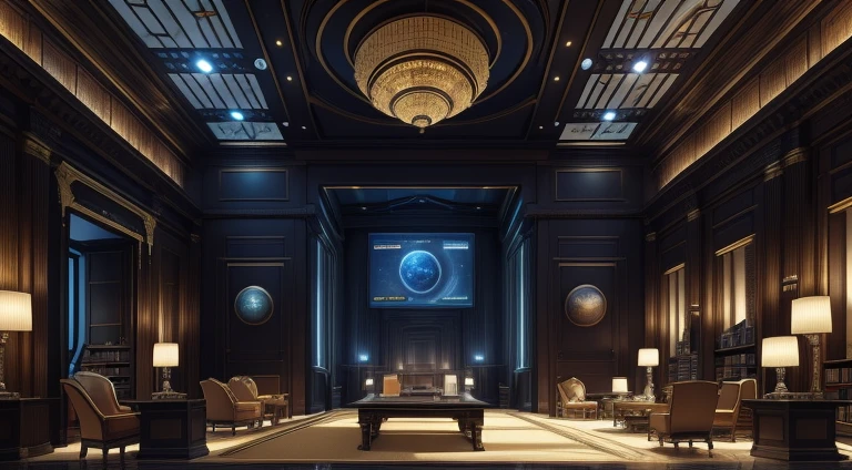 (science-fiction, Planet Terasinia, solar system Luxor,solar system Luxor, Best Quality, 8K, Masterpiece :1.2) Emperor's office, with the coat of arms of Beithonium, A room with a desk, table with 3D virtual map, red and gold carpet, interior of the Emperor's personal office, Action in the office, Castle Library, Inside the Castle Library, in a luxurious library, Large Library, Interior, Interior cabinet, Interior view, There are several screen monitors on the walls, monitor screen with news, monitor-screen with economic situations Beitoniy, Screen with political situation, world news screen, screen with military political situation, Huge office, Interior cabinet, Large Spatial Room, office, Emperor's office in the Louvre, Interior of the emperor's office, Offices room with sofa and chairs, A room with light, detailed matte paintings, 3D-визуализация, inspired by Sid Mead, Digital Art, Futuristic room, The interior is sci-fi, Sci-fi Hall, Futuristic interior, Sci-Fi Living Room, Futuristic setting, Octane rendering of science fiction, Futuristic room background, surreal sci fi set design, shutter, Futuristic, Futuristic Hall, Futuristic interior, Futuristic interior, sci-fi technology, Futuristic space, Futuristic room background, Futuristic volumetric lighting, Futuristic room