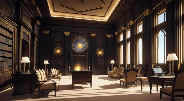 (science-fiction, Planet Terasinia, solar system Luxor,solar system Luxor, Best Quality, 8K, Masterpiece :1.2) Emperor's office, with the coat of arms of Beithonium, A room with a desk, table with 3D virtual map, red and gold carpet, interior of the Emperor's personal office, Action in the office, Castle Library, Inside the Castle Library, in a luxurious library, Large Library, Interior, Interior cabinet, Interior view, There are several screen monitors on the walls, monitor screen with news, monitor-screen with economic situations Beitoniy, Screen with political situation, world news screen, screen with military political situation, Huge office, Interior cabinet, Large Spatial Room, office, Emperor's office in the Louvre, Interior of the emperor's office, Offices room with sofa and chairs, A room with light, detailed matte paintings, 3D-визуализация, inspired by Sid Mead, Digital Art, Futuristic room, The interior is sci-fi, Sci-fi Hall, Futuristic interior, Sci-Fi Living Room, Futuristic setting, Octane rendering of science fiction, Futuristic room background, surreal sci fi set design, shutter, Futuristic, Futuristic Hall, Futuristic interior, Futuristic interior, sci-fi technology, Futuristic space, Futuristic room background, Futuristic volumetric lighting, Futuristic room