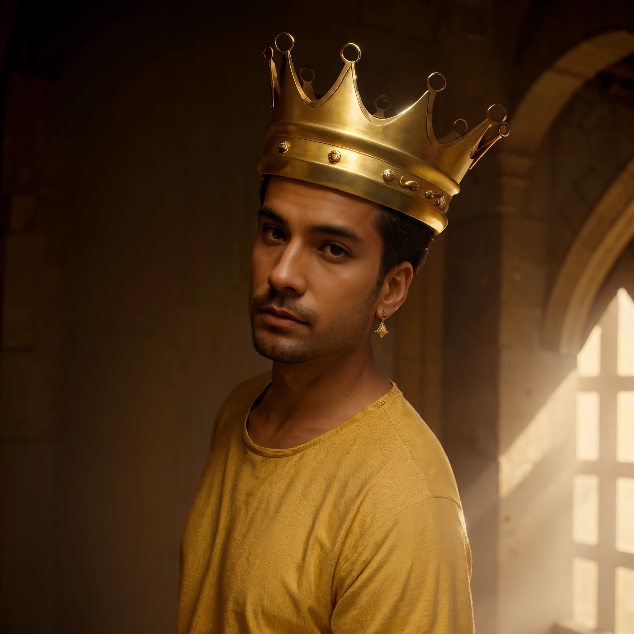 A man king wearing a crown of pure gold and diamonds, in a sunny castle courtyard
