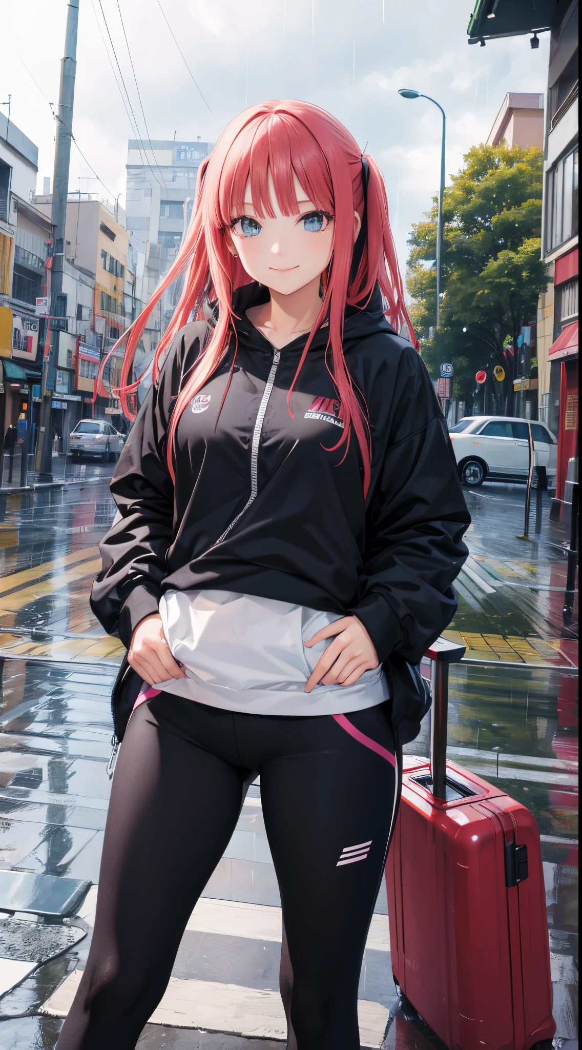 Nino Nakano sonriendo,cabello largo,sexy,ropa deportiva,Rainy Day, parque