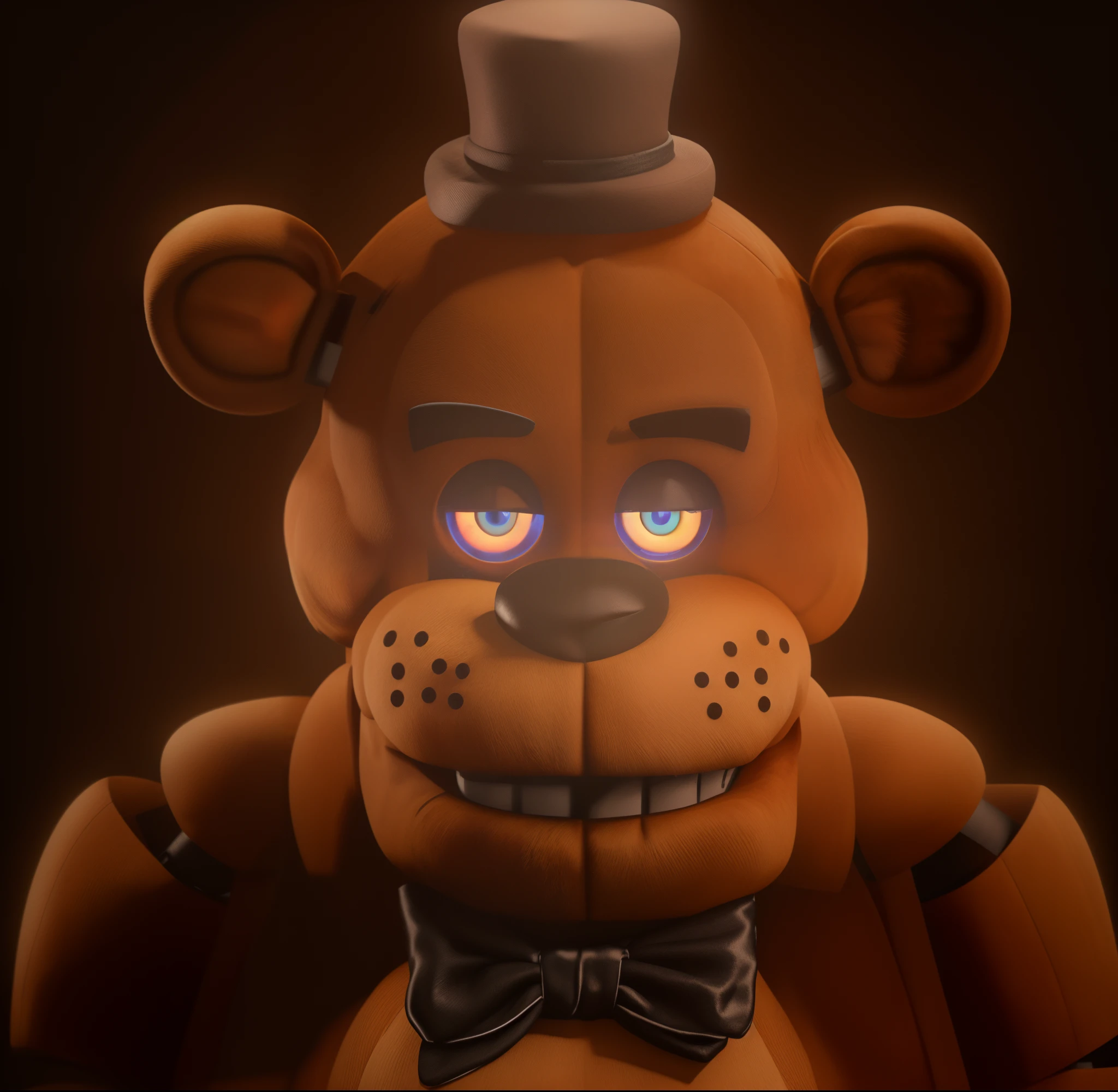 cartoon character with a top hat, portrait of freddy fazbear, bear character, realistic animatronic costume, animatronic, black hat, and bow tie, rim light, detailed textures, best quality, 4k, masterpiece:1.2, ultra-detailed, realistic, vivid colors, dark and moody lighting, The image of the highest quality, ensuring every detail showcased perfectly. It in 4k resolution, allowing viewers to immerse themselves in the richness of the colors and intricate details. The realistic rendering. under the spotlight, reflecting, high-resolution image, realistic rendering, dark background, and rim light.