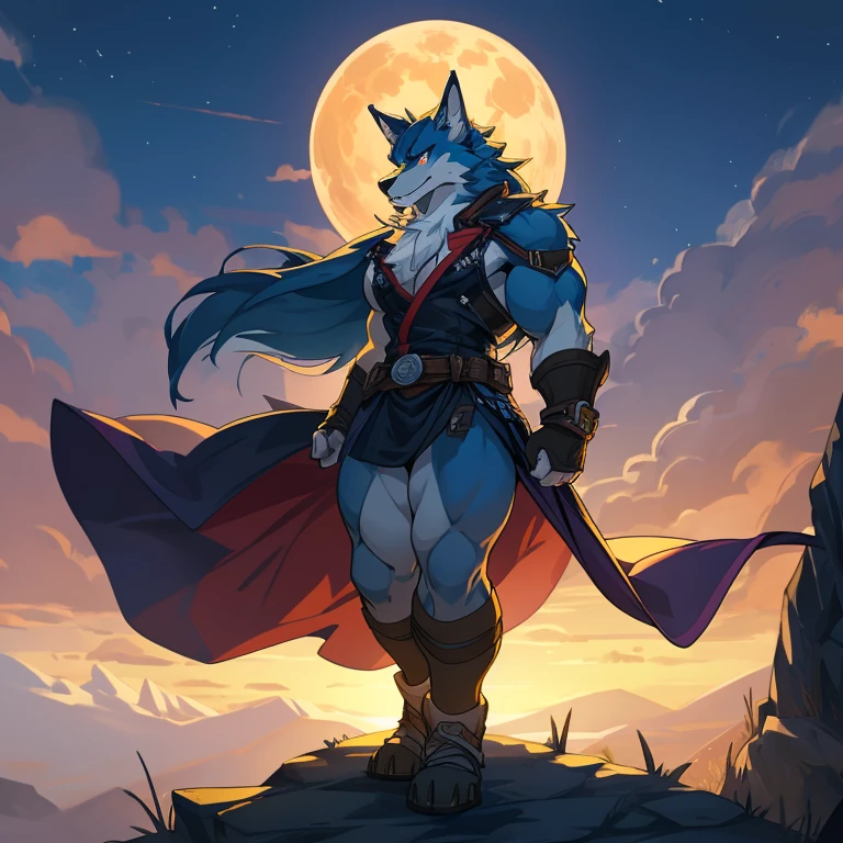 top quality, best quality, High-quality illustrations, masterpiece, depth of field(highly detailed beautiful face and eyes)absurdres, perfect anatomy, Werewolf, howling, red full moon, on cliff, fog(kemono, super hot woman, solo focus, muscle, hero pose)(furry anthro)full body, wide shot, c-shaped composition, striped clothing