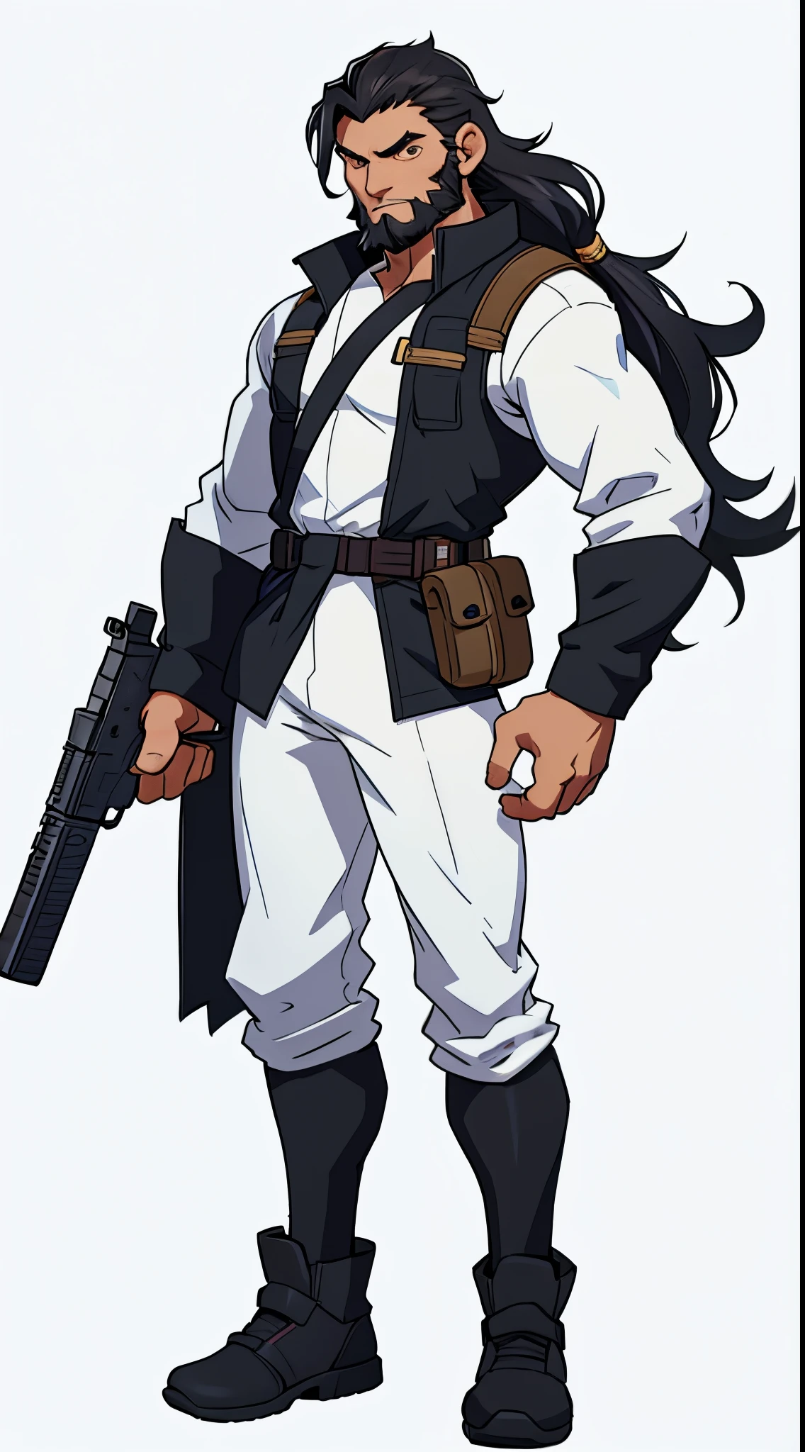 1 Man solo, solo. he has a short black beard and he has black flowing hair. holding gun. white background. Full body shot. Full-body in frame.