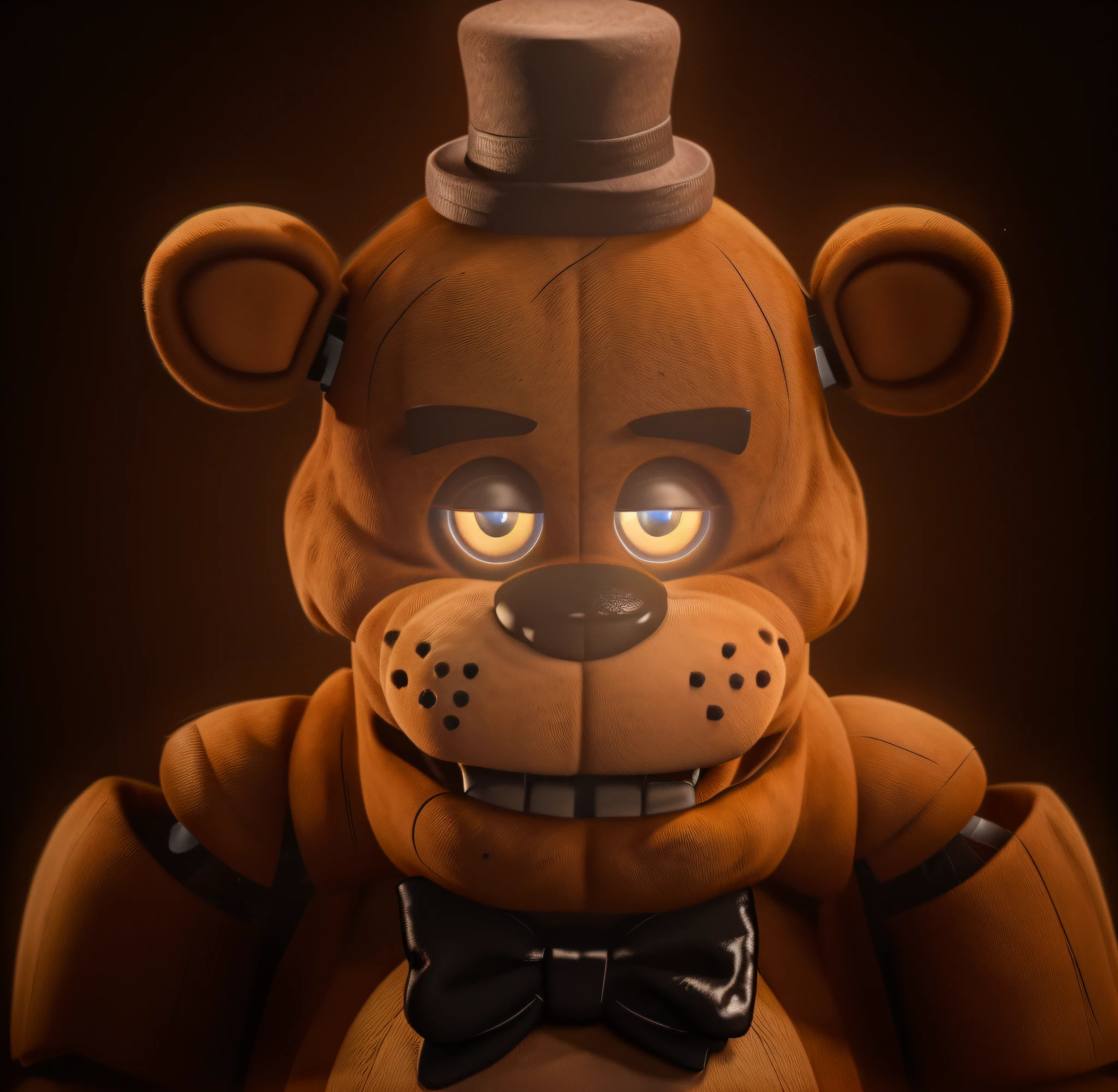 portrait of freddy fazbear, bear character, realistic animatronic costume, animatronic, cartoon character with a top hat, black hat, bow tie, horror creepy atmosphere, eyes are shining, rim light, detailed fabric textures, glossy costume, reflective, best quality, 4k, masterpiece:1.2, ultra-detailed, realistic, vivid colors, dark and moody lighting, The image of the highest quality, ensuring every detail showcased perfectly. It in 4k resolution, allowing viewers to immerse themselves in the richness of the colors and intricate details. The realistic rendering. under the spotlight, reflecting, high-resolution image, realistic rendering, dark background, and rim light.