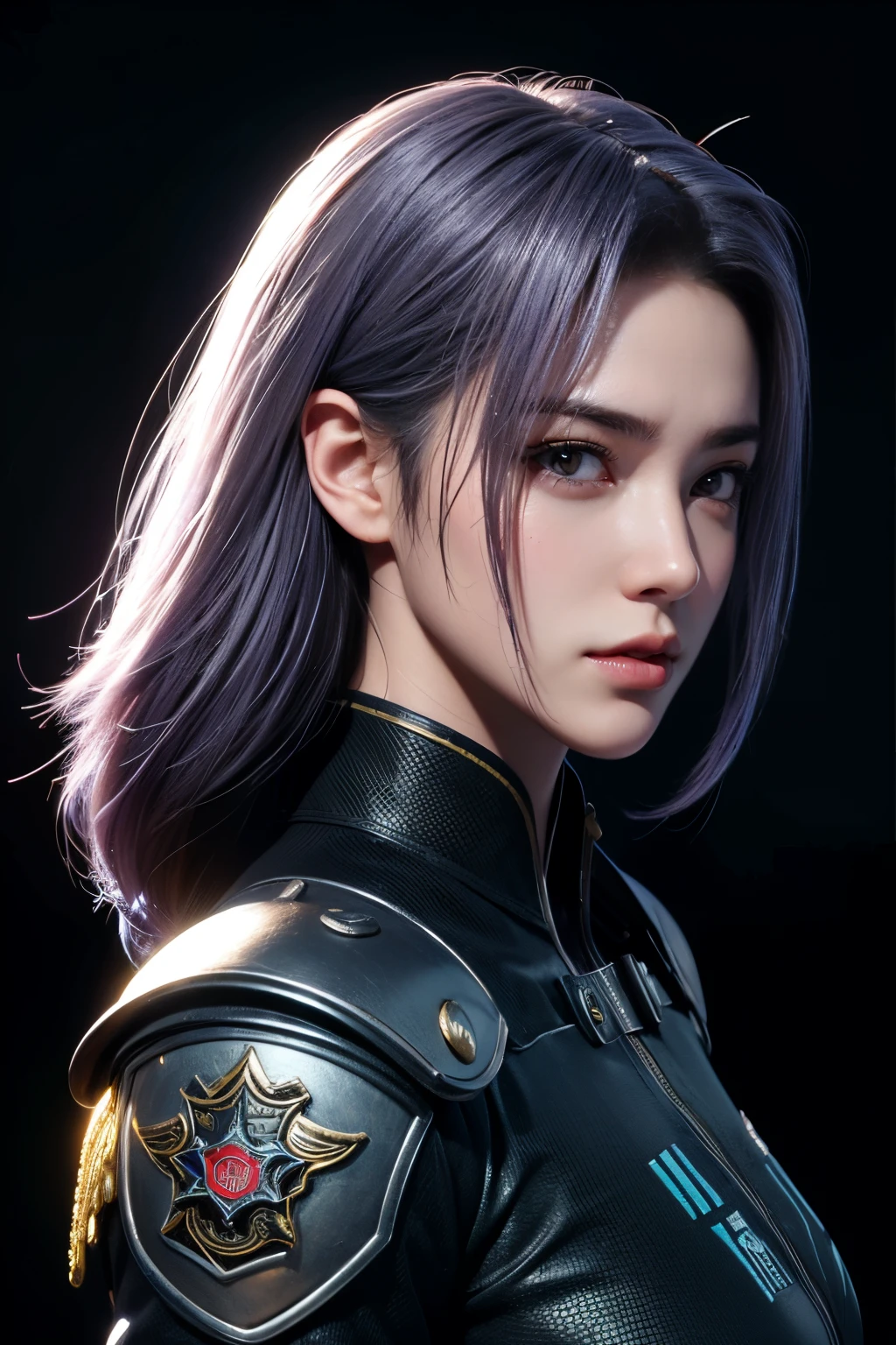 high high quality,A high resolution,masterpiece,8K,(Hyperrealistic photos),(Portrait),digital photography,(真实感:1.4),20岁女孩,exquisite facial features,a purple eye,Red Eyeshadow,((Cyberpunk-style police officer)),Random hairstyles,(white color hair),Big breasts,(Sci-fi and realistic police uniforms,Combat uniforms,Openwork design,power armour,Metal shoulder pads,complex clothing patterns,Exquisite police badge),Keep your mouth shut,Frowning,ssmile,Cold and serious,extremely detailed expression,realistic detail,Light magic,Photo pose,oc render reflection texture