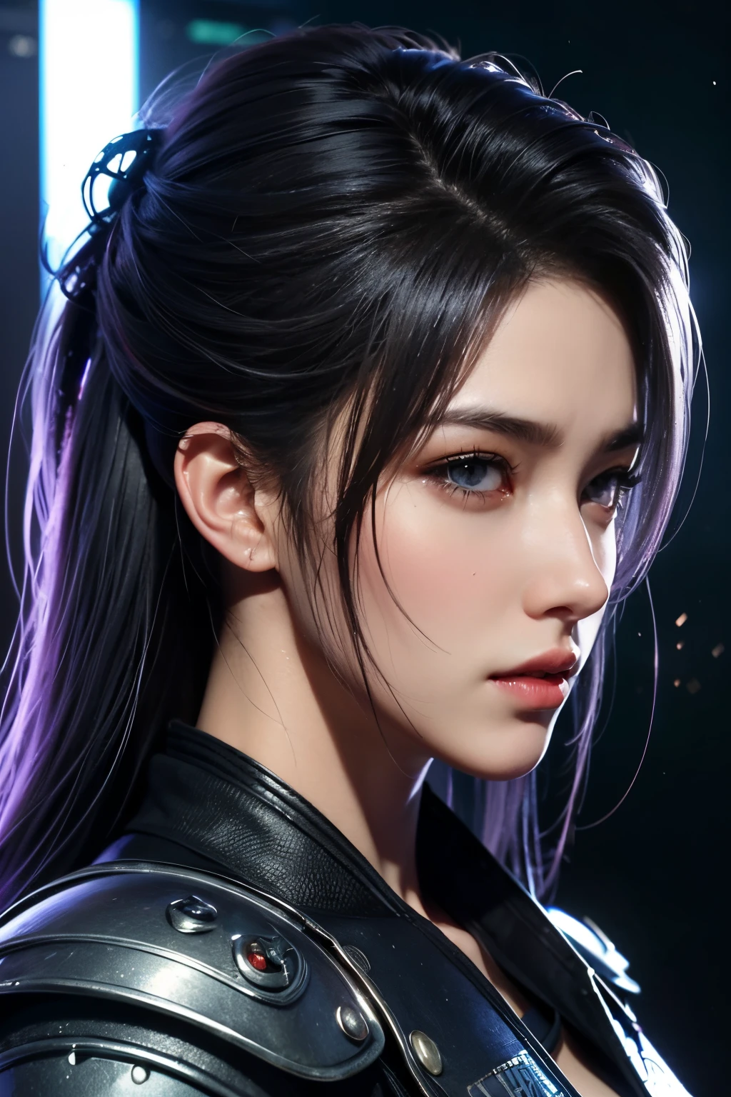 high high quality,A high resolution,masterpiece,8K,(Hyperrealistic photos),(Portrait),digital photography,(真实感:1.4),20岁女孩,exquisite facial features,a purple eye,Red Eyeshadow,((Cyberpunk-style police officer)),Random hairstyles,(white color hair),Big breasts,(Sci-fi and realistic police uniforms,Combat uniforms,Openwork design,power armour,Metal shoulder pads,complex clothing patterns,Exquisite police badge),Keep your mouth shut,Frowning,ssmile,Cold and serious,extremely detailed expression,realistic detail,Light magic,Photo pose,oc render reflection texture