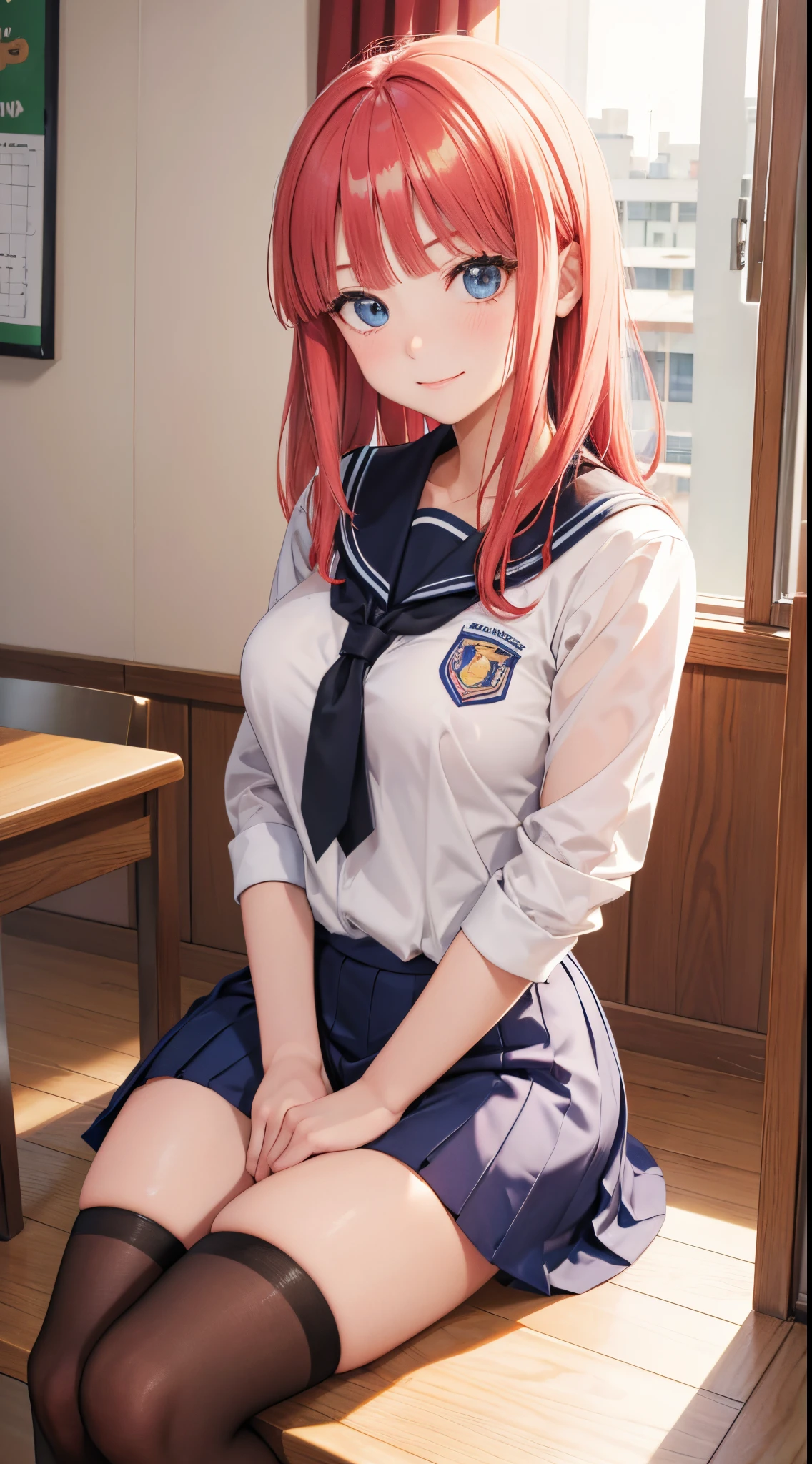 Nino Nakano sonriendo,cabello largo,sexy,uniforme escolar preparatoria cobaes 36,dia nublado