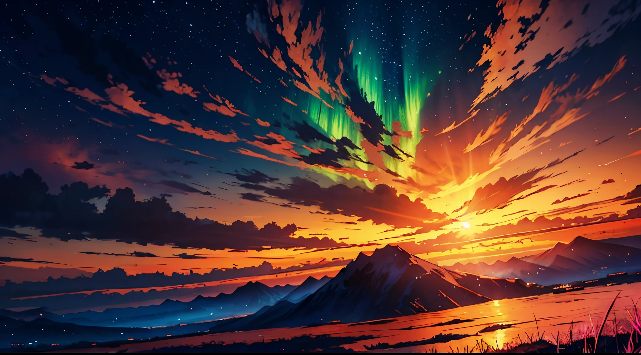 anime style digital painting landscape of a horizon with sunset and northern lights Enchanting, Epic, Atmospheric,Soft and warm light of the sunset Low angle, highlighting the horizon Palette of soft tones such as pink, orange and blue