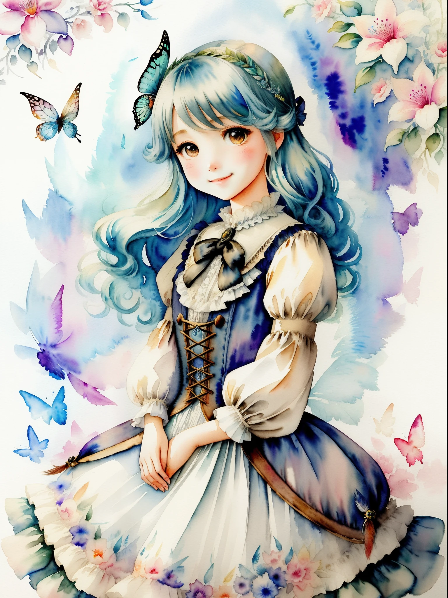 illustratio、watercolor paiting、 Fantasia、 Victorian girl、length hair、cute little、Deformed、portraitures、Smile、butterflys々Feathers of、Refer to this picture