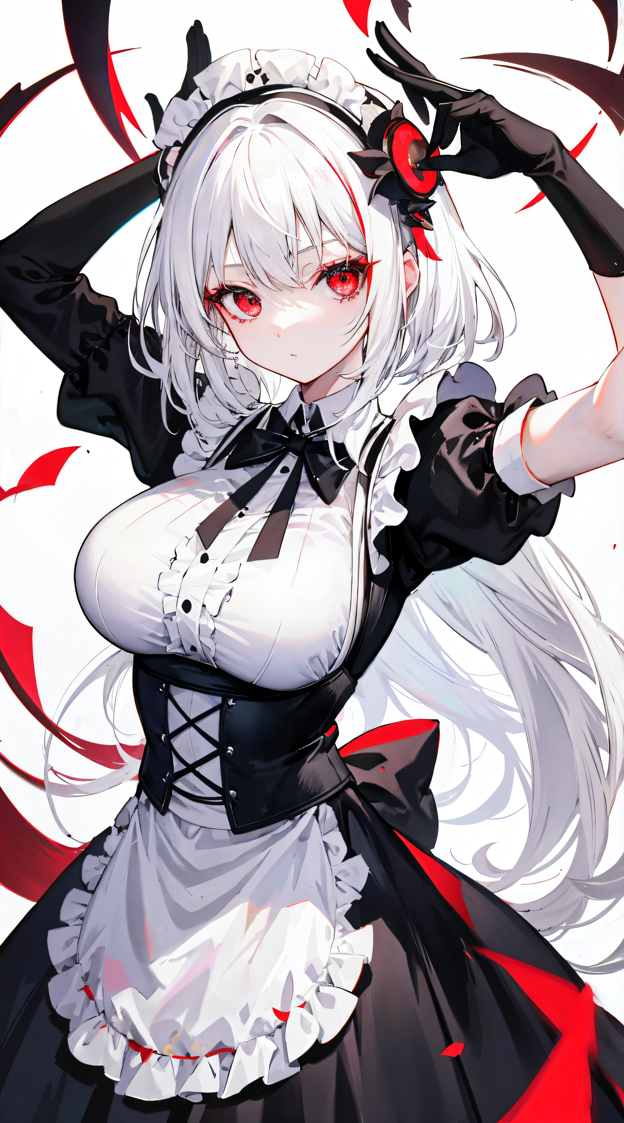 best quality, ultra precision, one girl, red eyes, white hair, young, , cute, maid, maid costume, blush, natural smile, teenager, cat's ears, big breasts, look up at you, cleavage,