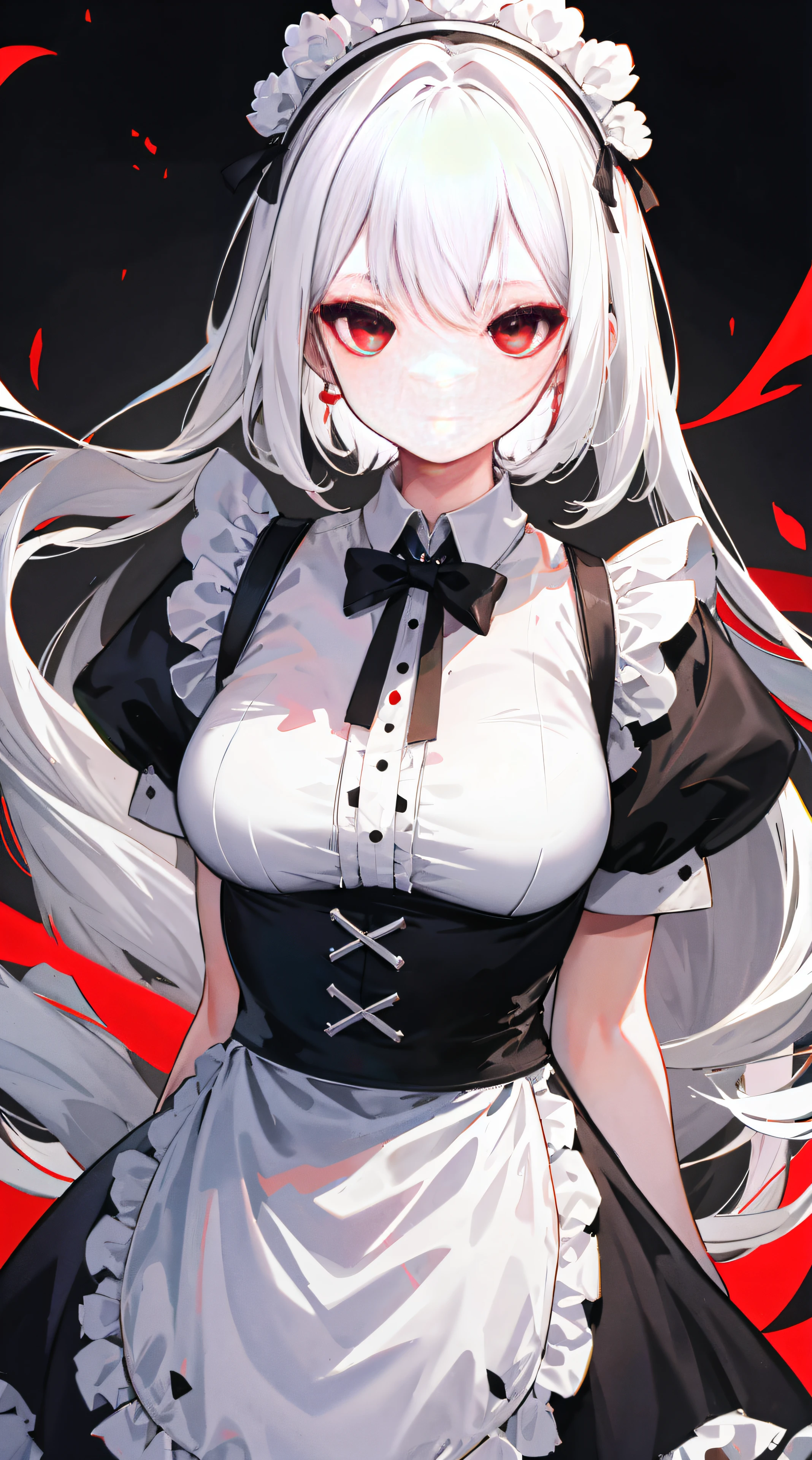 1 busty girl, White hair, Maid in Black, Dress appropriately,red eyes