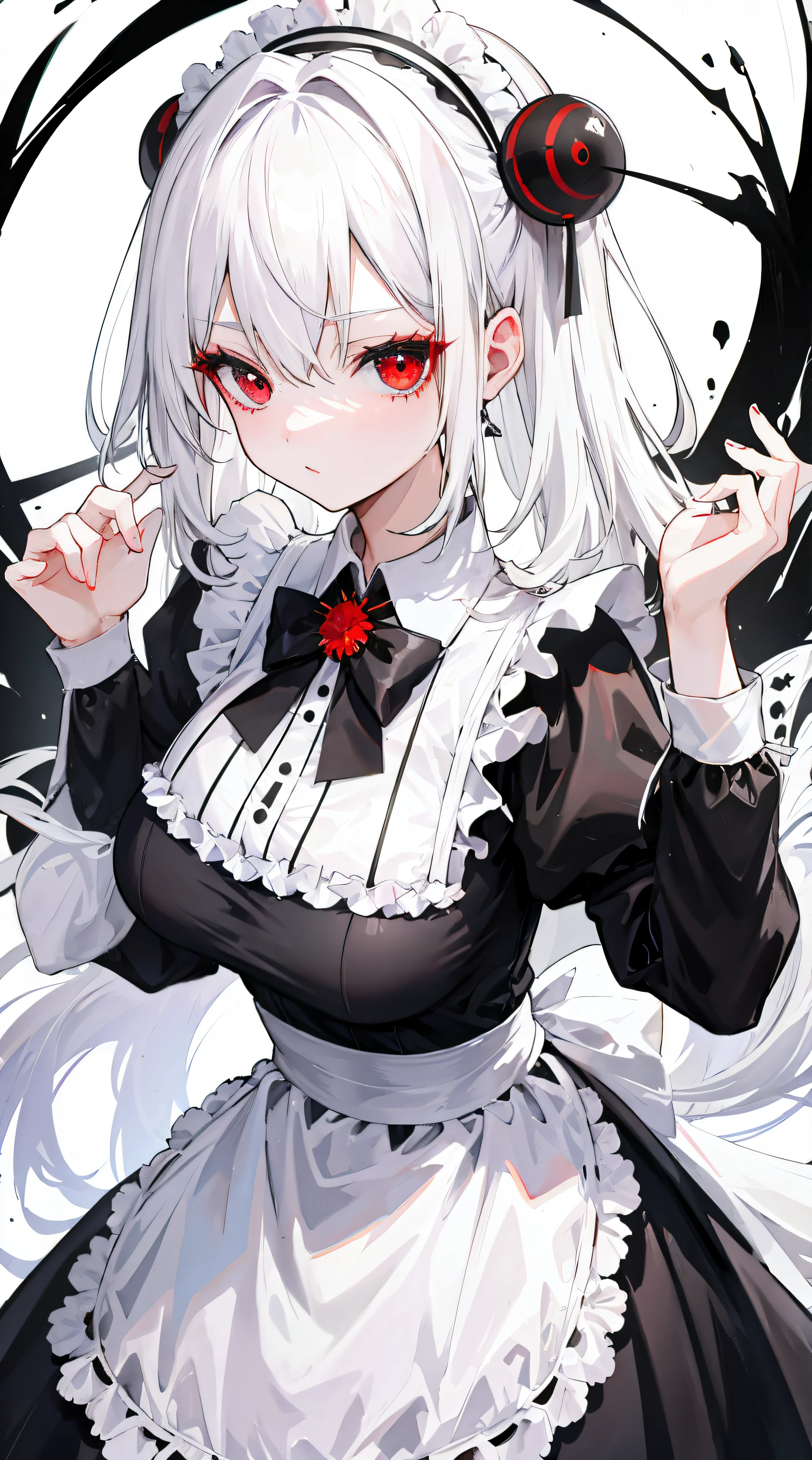 1 busty girl, White hair, Maid in Black, Dress appropriately,red eyes