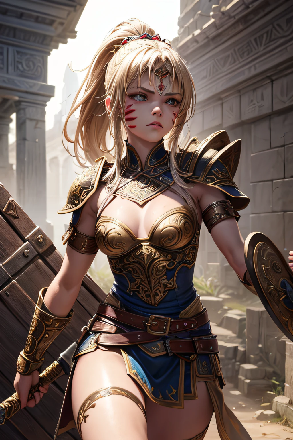 young teen girl, ancient roman gladiator, evil look,,combat stance, wielding a spear and shield, facepaint, bodypaint, sexi, small breasts, highly detailed, ancient drakkar ship in background, blonde hair, vibrant appearance, creative behavior, extremly detailed, imaginative, sensual, spontaneous, highest quality, skin texture, intricate details, (cinematic lighting), RAW photo, 8k, masterpiece,best quality,ultra-detailed,very detailed illustrations,extremely detailed,intricate details,highres,super complex details,extremely detailed 8k cg wallpaper,