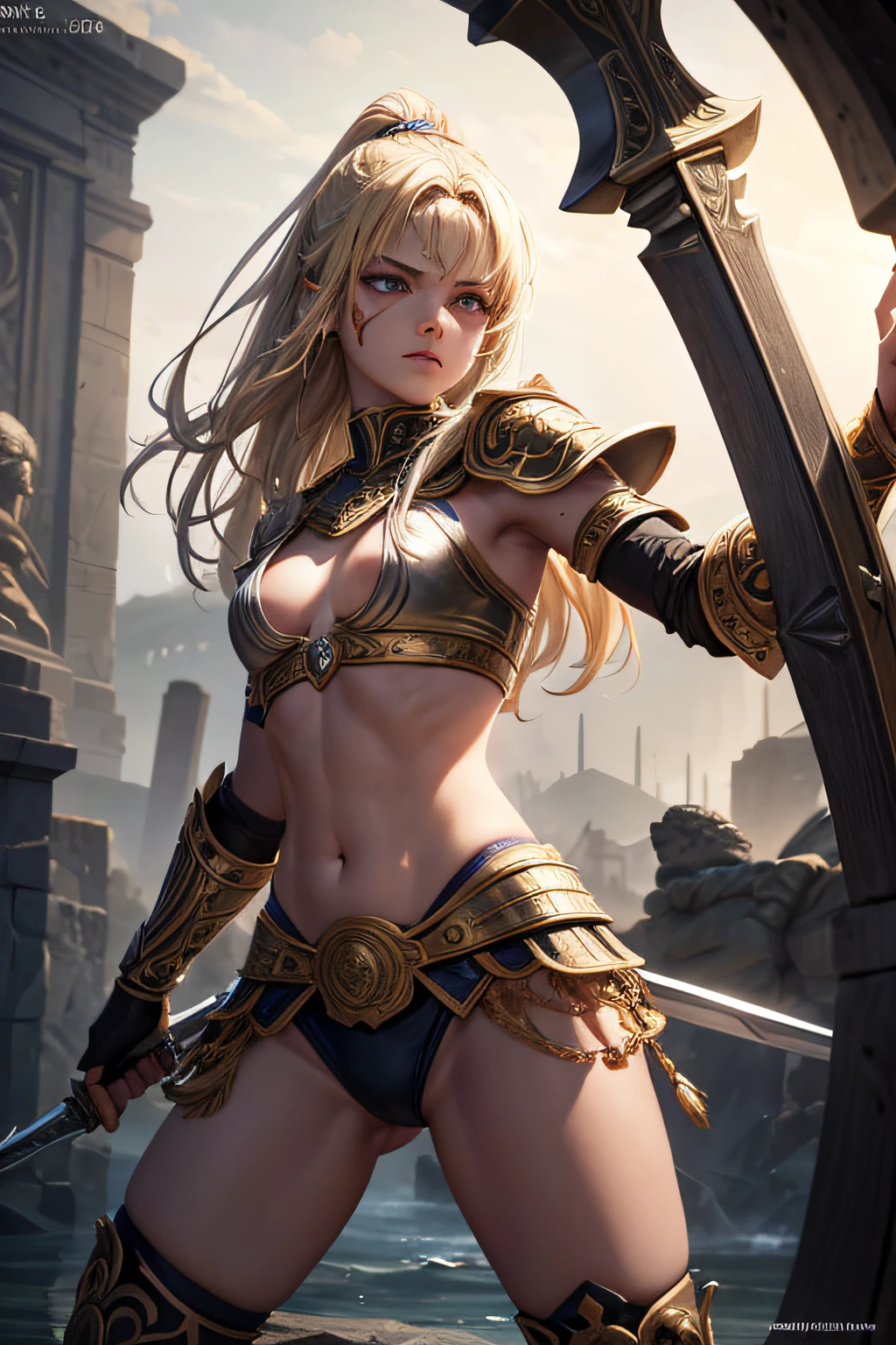 young teen girl, ancient roman gladiator, evil look,,combat stance, wielding a spear and shield, facepaint, bodypaint, sexi, small breasts, highly detailed, ancient drakkar ship in background, blonde hair, vibrant appearance, creative behavior, extremly detailed, imaginative, sensual, spontaneous, highest quality, skin texture, intricate details, (cinematic lighting), RAW photo, 8k, masterpiece,best quality,ultra-detailed,very detailed illustrations,extremely detailed,intricate details,highres,super complex details,extremely detailed 8k cg wallpaper,