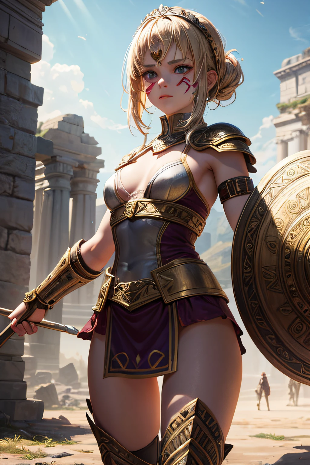 young teen girl, ancient roman gladiator, evil look,,combat stance, wielding a spear and shield, facepaint, bodypaint, sexi, small breasts, highly detailed, ancient drakkar ship in background, blonde hair, vibrant appearance, creative behavior, extremly detailed, imaginative, sensual, spontaneous, highest quality, skin texture, intricate details, (cinematic lighting), RAW photo, 8k, masterpiece,best quality,ultra-detailed,very detailed illustrations,extremely detailed,intricate details,highres,super complex details,extremely detailed 8k cg wallpaper,