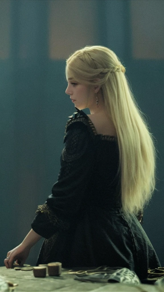 Plano de perfil, Mujer rubia vestida de negro de pie al lado de la mesa, Retrato lateral de la realeza, Reina Medieval, as a medieval fantasy character, still from a fantasy movie, una reina, Rubia/Plateada - Princesa de pelo, Targaryen, Estilo de Juego de Tronos, ulzzang, maquillaje popular de Corea del sur