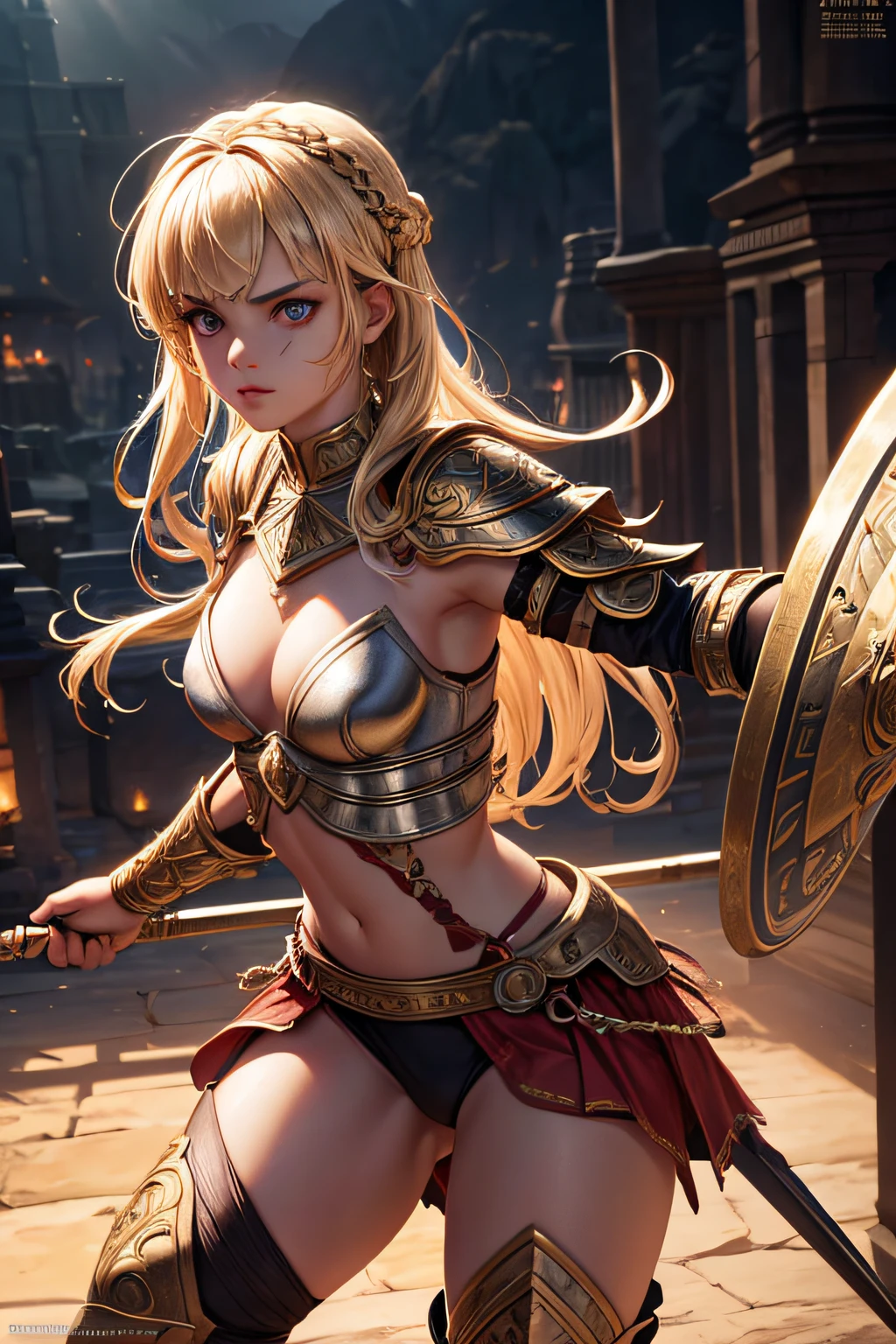 young teen girl, ancient roman gladiator, evil look,,combat stance, wielding a spear and shield, facepaint, bodypaint, sexi, small breasts, highly detailed, ancient drakkar ship in background, blonde hair, vibrant appearance, creative behavior, extremly detailed, imaginative, sensual, spontaneous, highest quality, skin texture, intricate details, (cinematic lighting), RAW photo, 8k, masterpiece,best quality,ultra-detailed,very detailed illustrations,extremely detailed,intricate details,highres,super complex details,extremely detailed 8k cg wallpaper,
