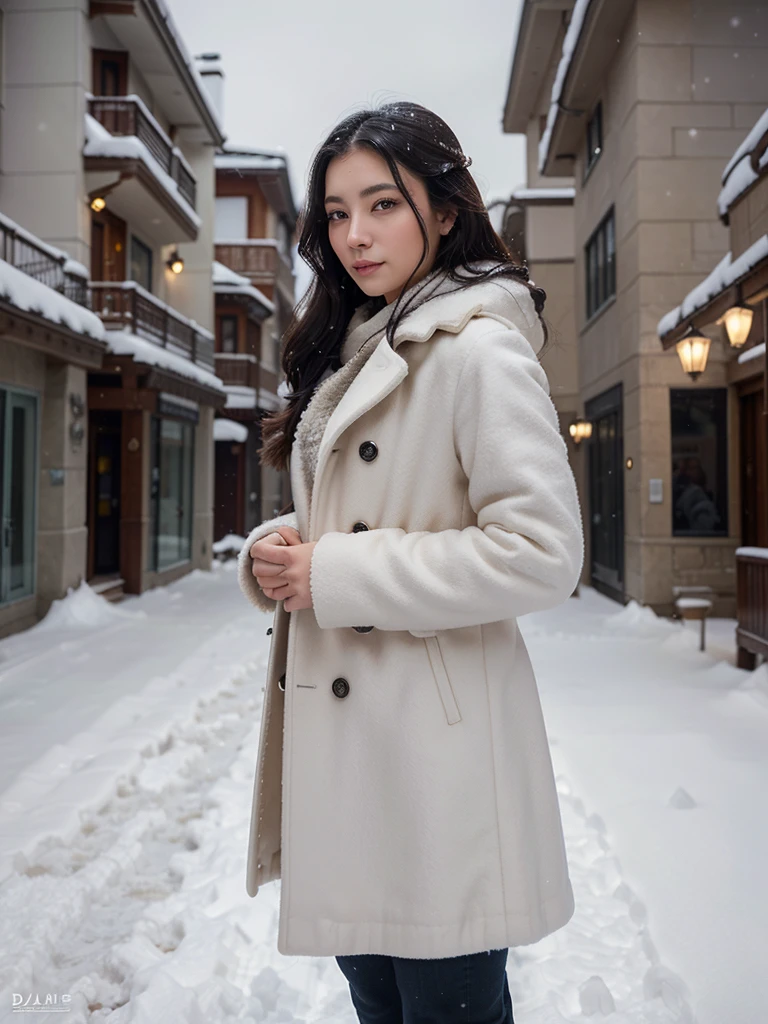 A woman stands on a snowy sidewalk, her coat billowing in the wind as she gazes into the distance. The soft snowflakes cling to her hair and eyelashes, creating a stunning portrait of beauty and strength. Rendered in the style of An Gyeon, this character portrait captures the essence of daul-set with a touch of elegance and style.
