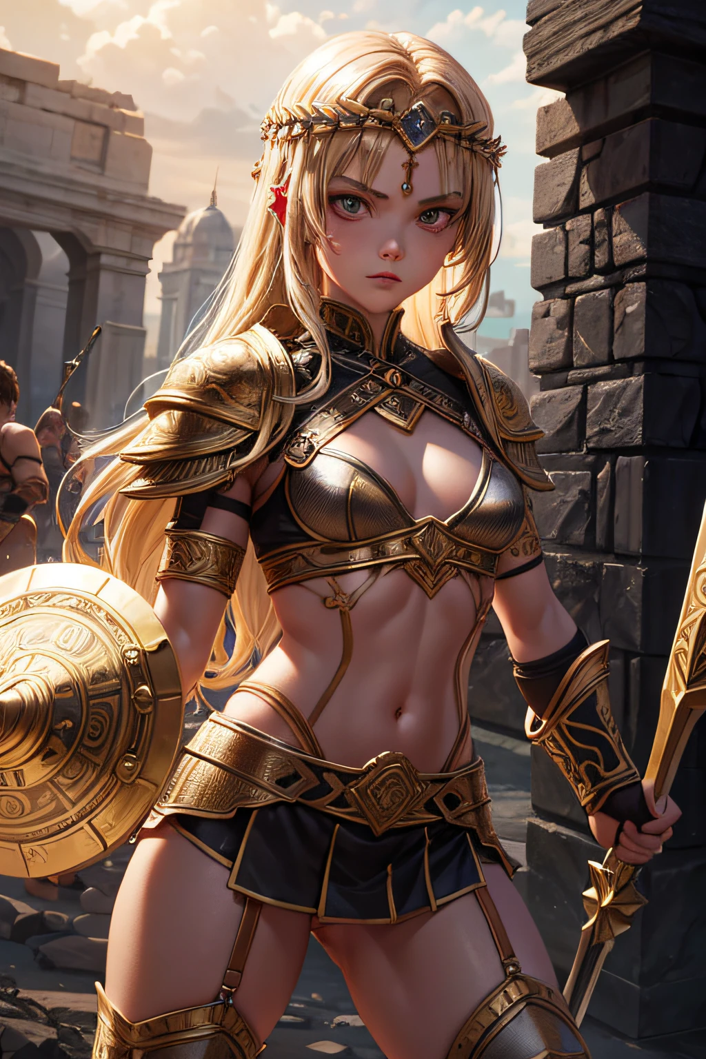 young teen girl, ancient roman gladiator, evil look,,combat stance, wielding a spear and shield, facepaint, bodypaint, sexi, small breasts, highly detailed, ancient drakkar ship in background, blonde hair, vibrant appearance, creative behavior, extremly detailed, imaginative, sensual, spontaneous, highest quality, skin texture, intricate details, (cinematic lighting), RAW photo, 8k, masterpiece,best quality,ultra-detailed,very detailed illustrations,extremely detailed,intricate details,highres,super complex details,extremely detailed 8k cg wallpaper,