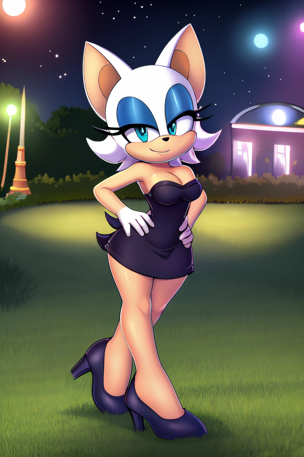 full body, Rouge the Bat, no wings on her back, seductive, medium breast, bare shoulder, strapless, little black dress, skin-tight dress, black high heels, at night, park background, smile, hand on hip, dance floor, disco lighting, looking at viewer, high quality, 2D Illustration.
