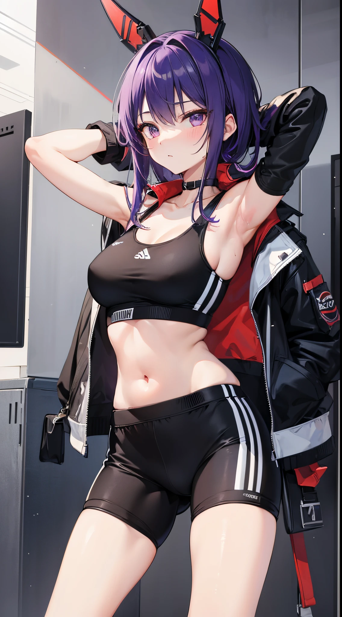 Kafka, kafka - honkai starrail, honkai starrail, detailed face, detailed body render, high quality, highres, highly detailed, purple hair, purple eyes, blushing, sports bra, tight sports pants, expose midriff, bare midriff, navel, sexy, ideal body, wet body, at the gym, hands behind head, smooth belly