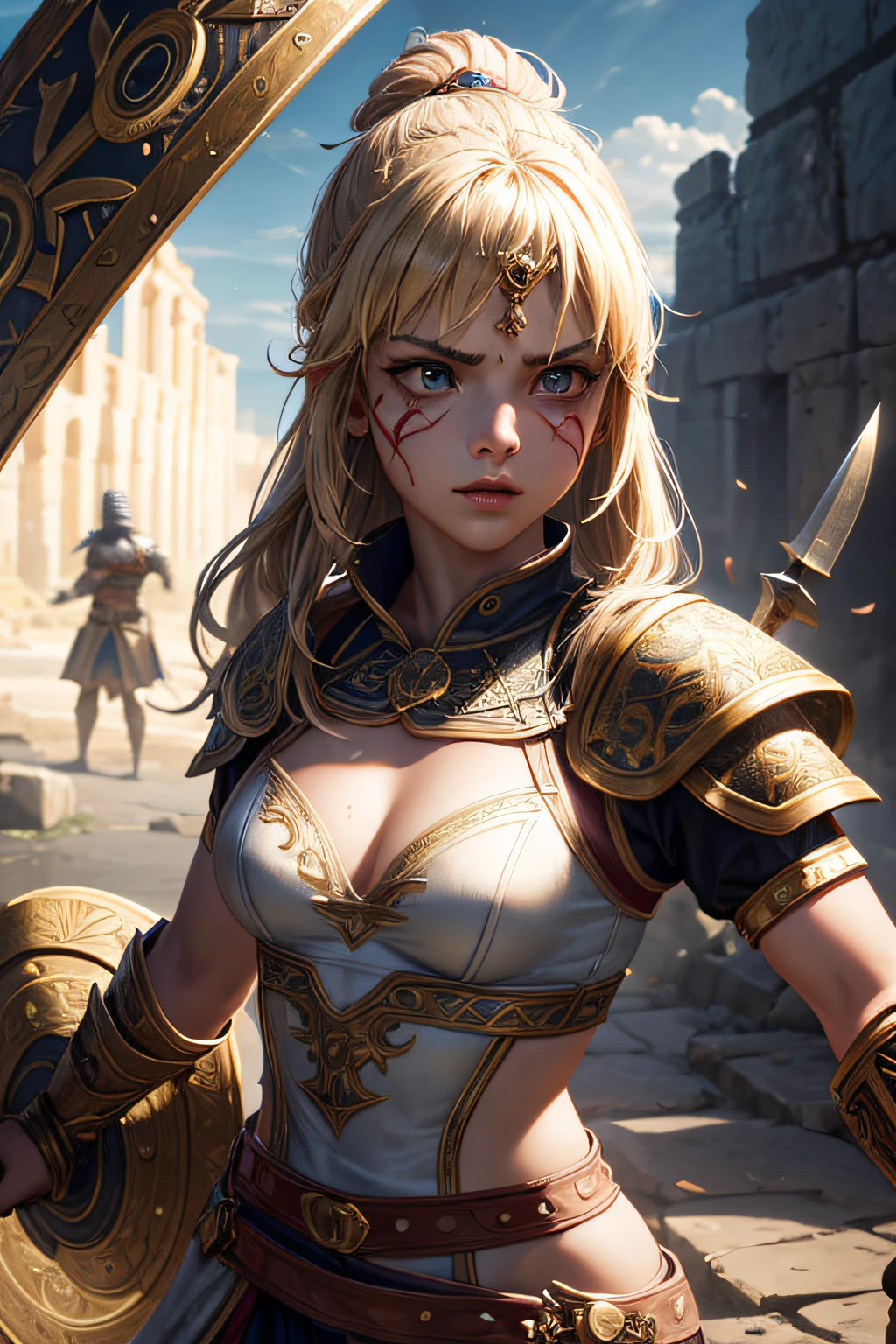, ancient roman centurion, evil look,,combat stance, wielding a spear and shield, facepaint, bodypaint, sexi, small breasts, highly detailed, ancient drakkar ship in background, blonde hair, vibrant appearance, creative behavior, extremly detailed, imaginative, sensual, spontaneous, highest quality, skin texture, intricate details, (cinematic lighting), RAW photo, 8k, masterpiece,best quality,ultra-detailed,very detailed illustrations,extremely detailed,intricate details,highres,super complex details,extremely detailed 8k cg wallpaper,