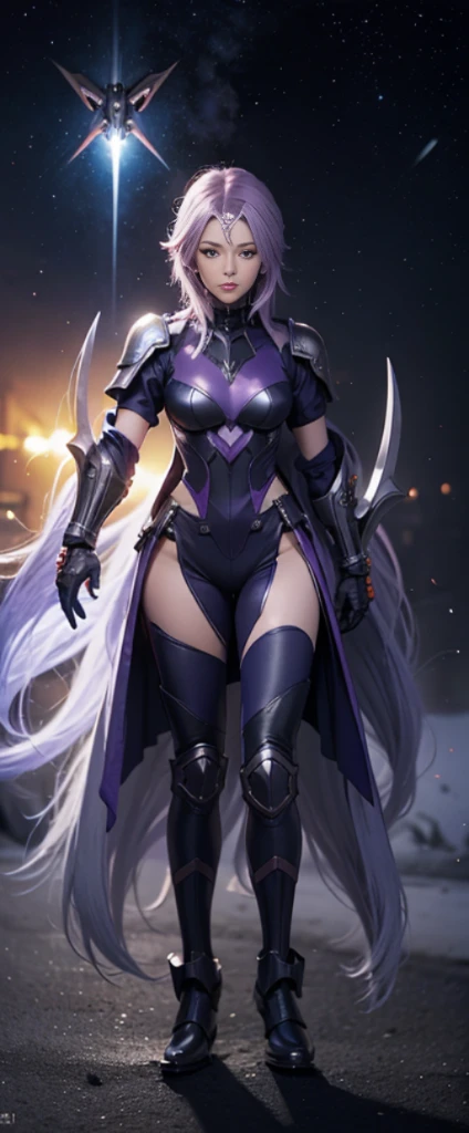 Gorgeous Hair in Long Purple,Nice face,blue military armor,Heterochromatic pupil,Full body photo,The stands up,High Picture Quality,16K quality,under moonlight,