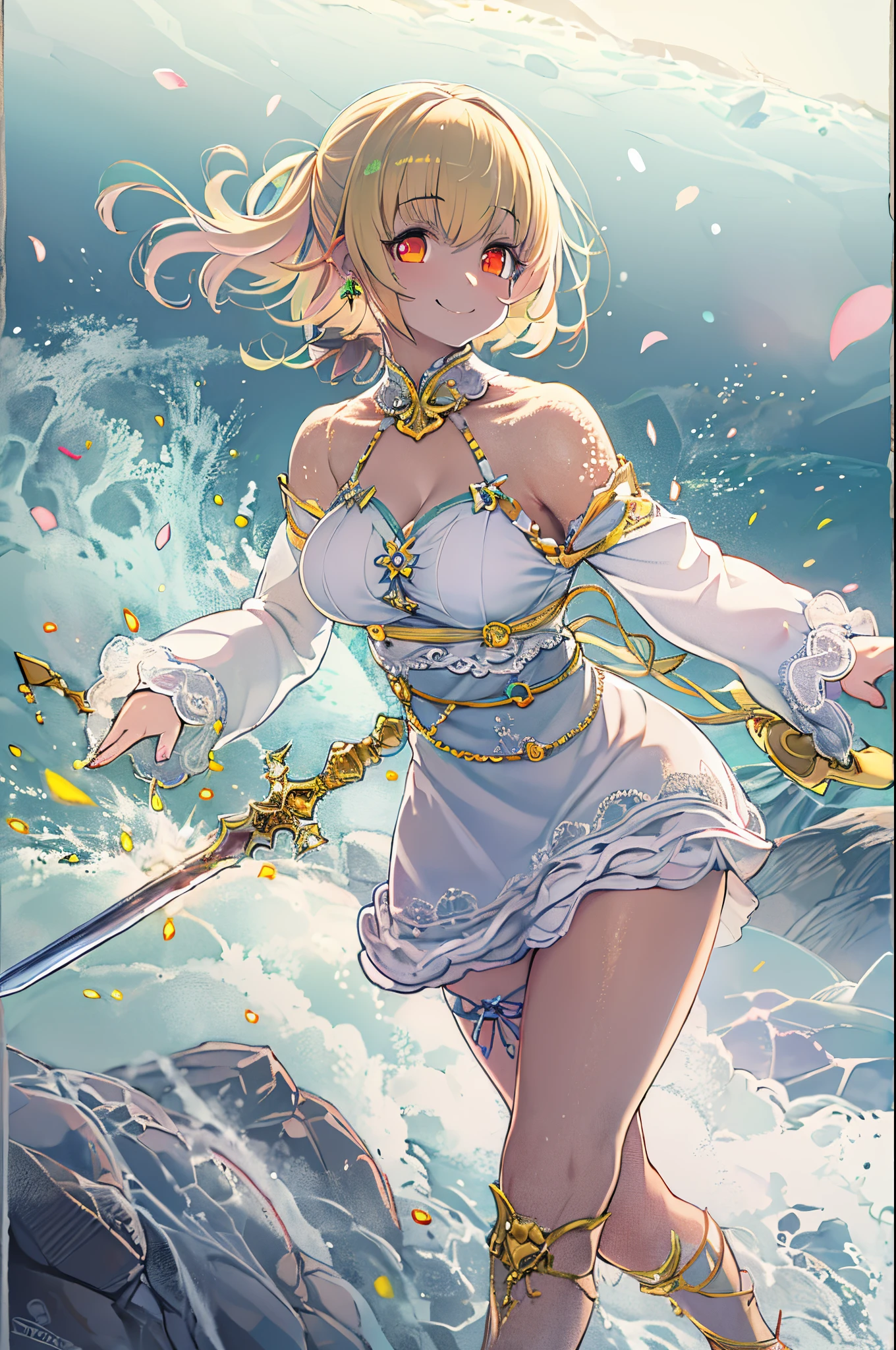 (masutepiece), ((Highest Quality)), (super detailed), ((Very delicate and beautiful)), (Incredibly absurd))), (Perfect body))), 1 girl, Glowing White Particles, Fighting, Holding_Sword, Blonde Bob, Red Eyes, Seventeen years old, plein air, skyporn, Aurawhole body, Big, White tattered dress, Bare shoulders, Small Smile, Sea + Background, Wind, Perfect hands, Hand Details, Modified finger. earrings, up looking_で_viewer, Cowboy Shots, rich detail, Perfect image quality