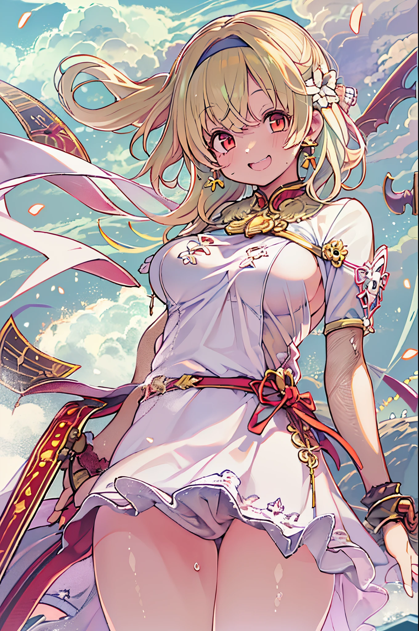 (masutepiece), ((Highest Quality)), (super detailed), ((Very delicate and beautiful)), (Incredibly absurd))), (Perfect body))), 1 girl, Glowing White Particles, Fighting, Holding_Sword, Blonde Bob, Red Eyes, Seventeen years old, plein air, skyporn, Aurawhole body, Big, White tattered dress, Bare shoulders, Small Smile, Sea + Background, Wind, Perfect hands, Hand Details, Modified finger. earrings, up looking_で_viewer, Cowboy Shots, rich detail, Perfect image quality