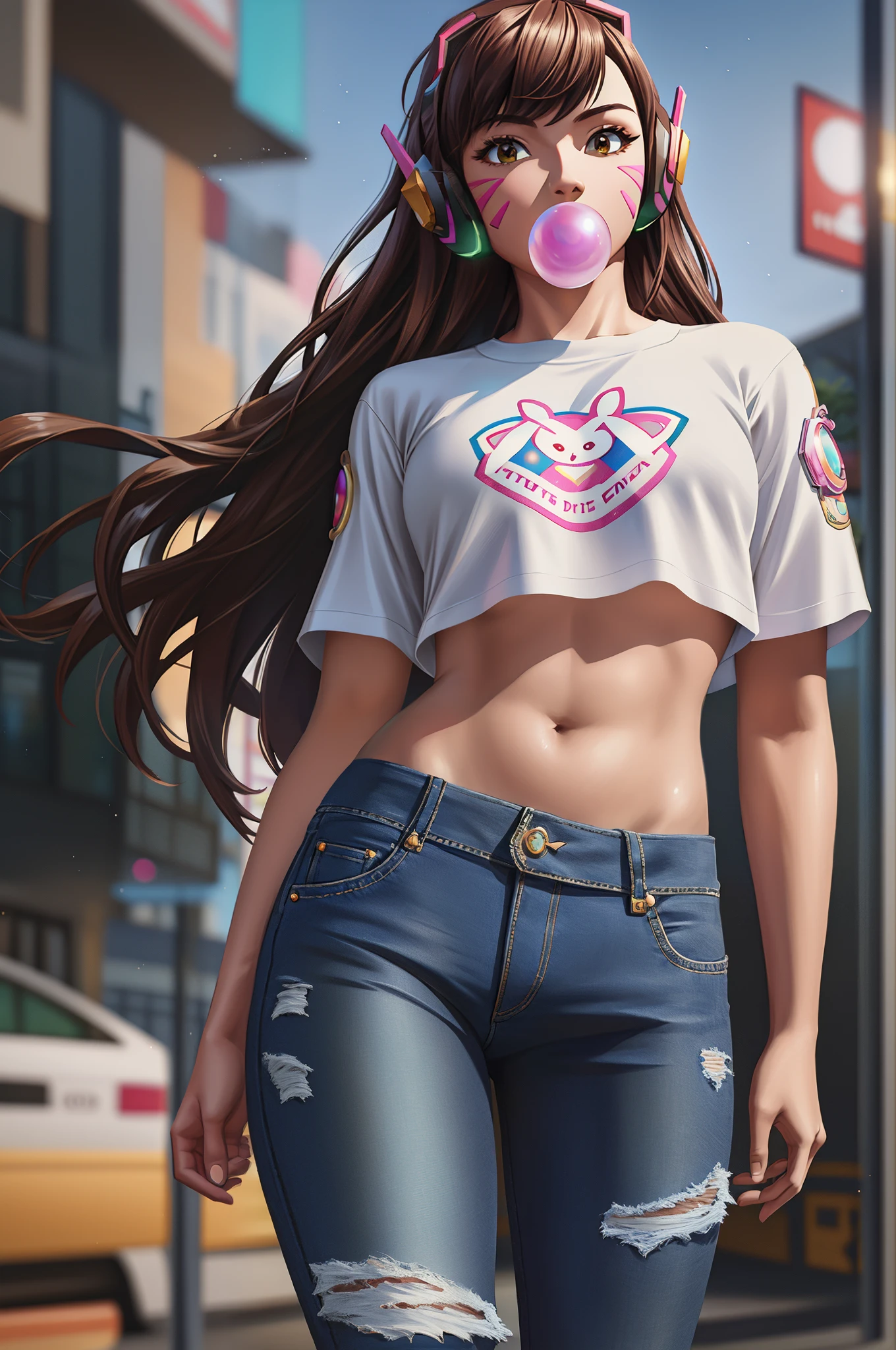 perfect eyes:1.2, detailed eyes:1.4, cowboy shot, blow bubble gum, d.va, crop top overhang, ripped jeans, long hair, brown hair, headphones, navel, whisker markings, casual clothes, 1girl, solo, (masterpiece:1.6, best quality), 8k, insane details, intricate details, hyperdetailed, hyper quality, high detail, ultra detailed, professional, HDR, ray tracing reflection, cinematic lighting,