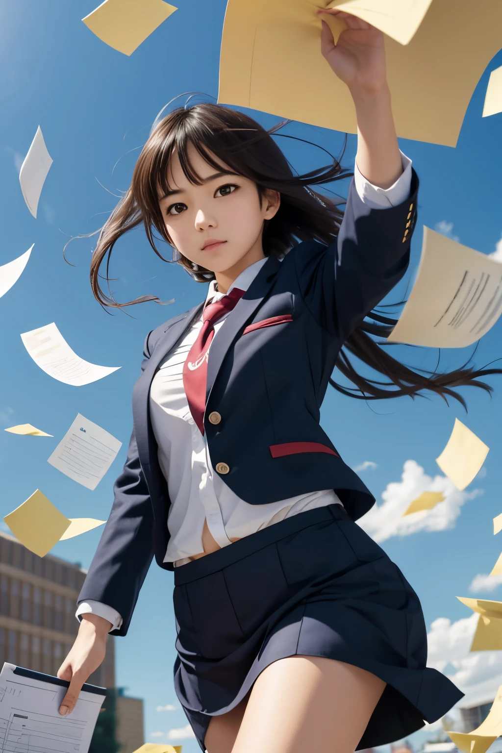 girl throwing all papers and work folders in the air, estilo confere, estilo anime