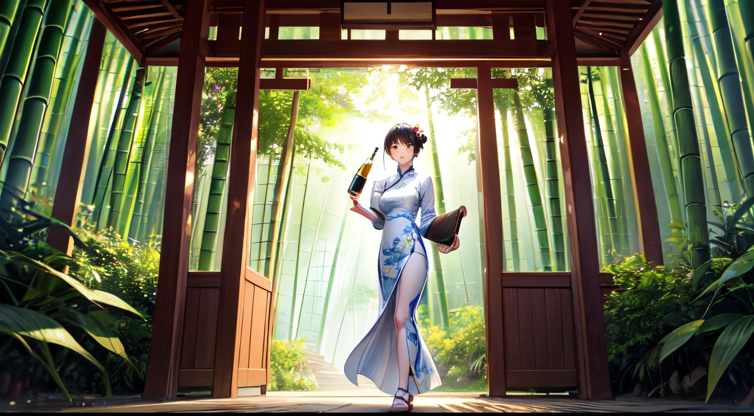 ((Best quality at best)), ((tmasterpiece)), (Detailed pubic hair),China-style,Deep in the bamboo forest,There a small pavilion。The pavilion surrounded by green bamboos,The sun shines through the gaps in the bamboo leaveorming a mottled light and shadow。A woman wearing a white antique dress holding a bottle of wine,Walk through the bamboo forest。