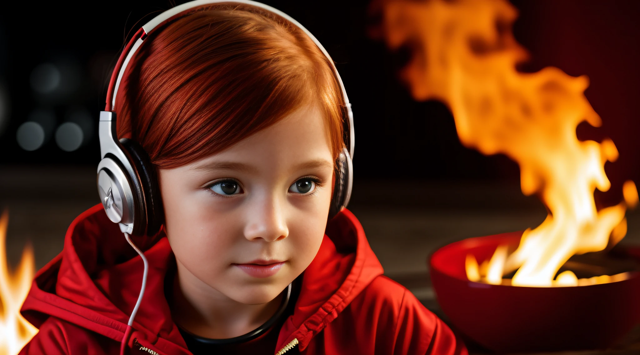 menina ruiva com fones de ouvido e fogo ao fundo, fechar para cima. fundo vermelho.