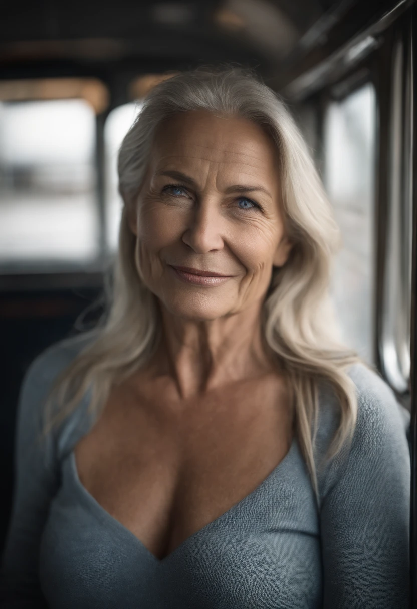 Photograph of a 50yo mature woman, wrinkled skin, wrinkles, beautiful, gorgeous, sexy, cute, ??????, dimples, pretty blue eyes, long eyelashes, long blonde and grey hair, pretty teeth, perky lips, 36dd breast, big buttocks, city bus, of a father