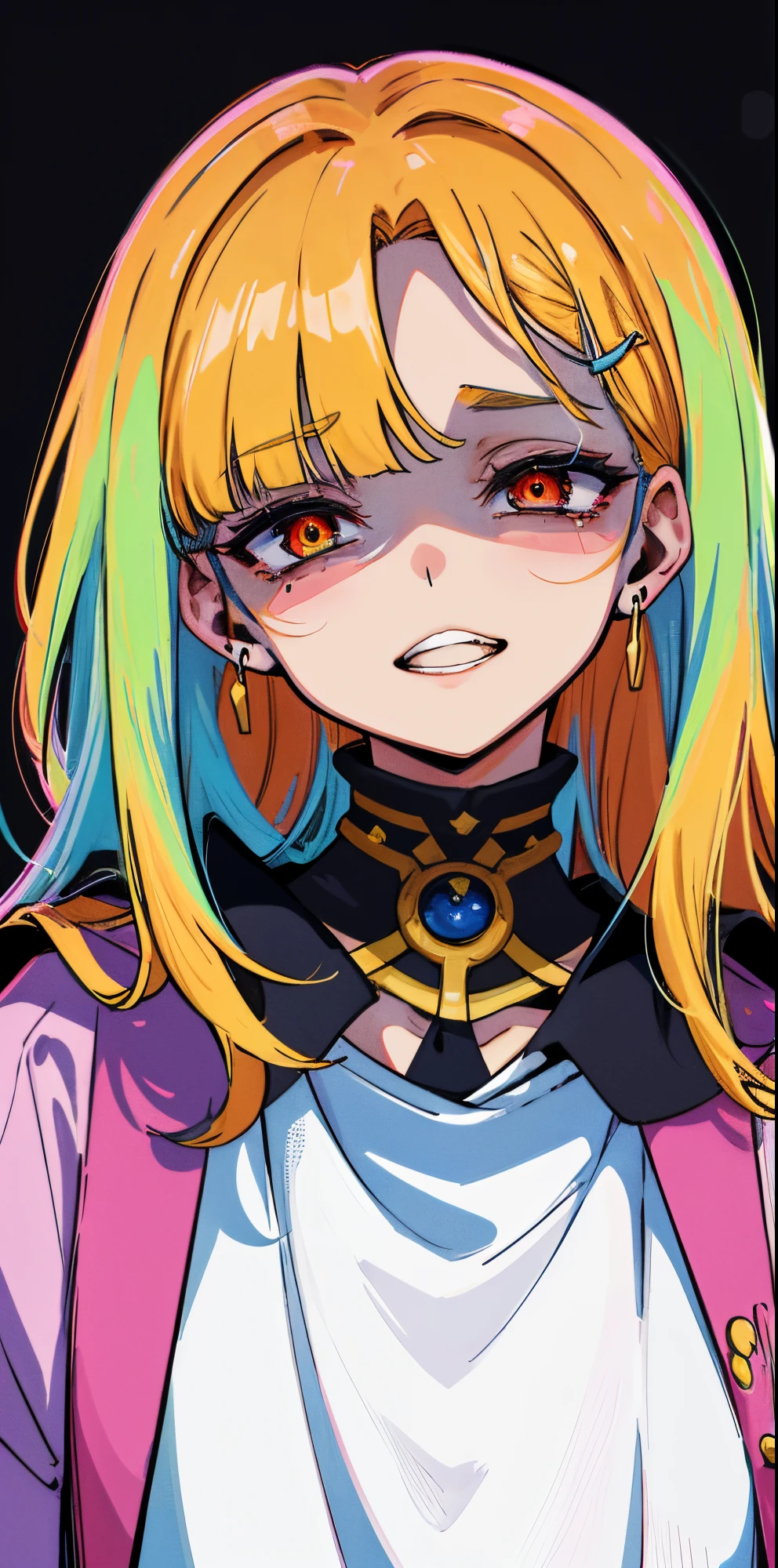 (un retrato), una chica La mejor calidad),, Closeup, fondo, colores oscuros, highest qualityr, Detalles asombrosos, Arte lineal,, 80s anime style, miedo, horror, Teary, ((dientes puntiagudos))8k.gore, sangre