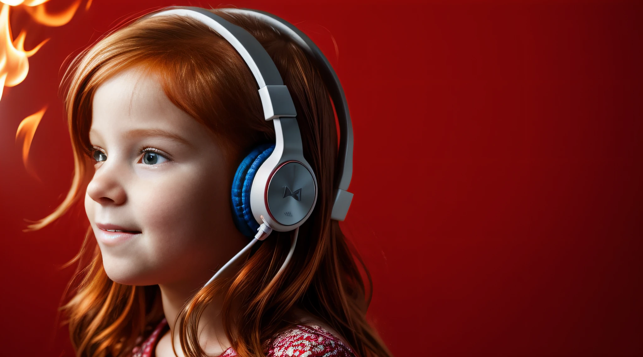 ruiva com fones de ouvido e fogo ao fundo, fechar para cima. fundo vermelho.
