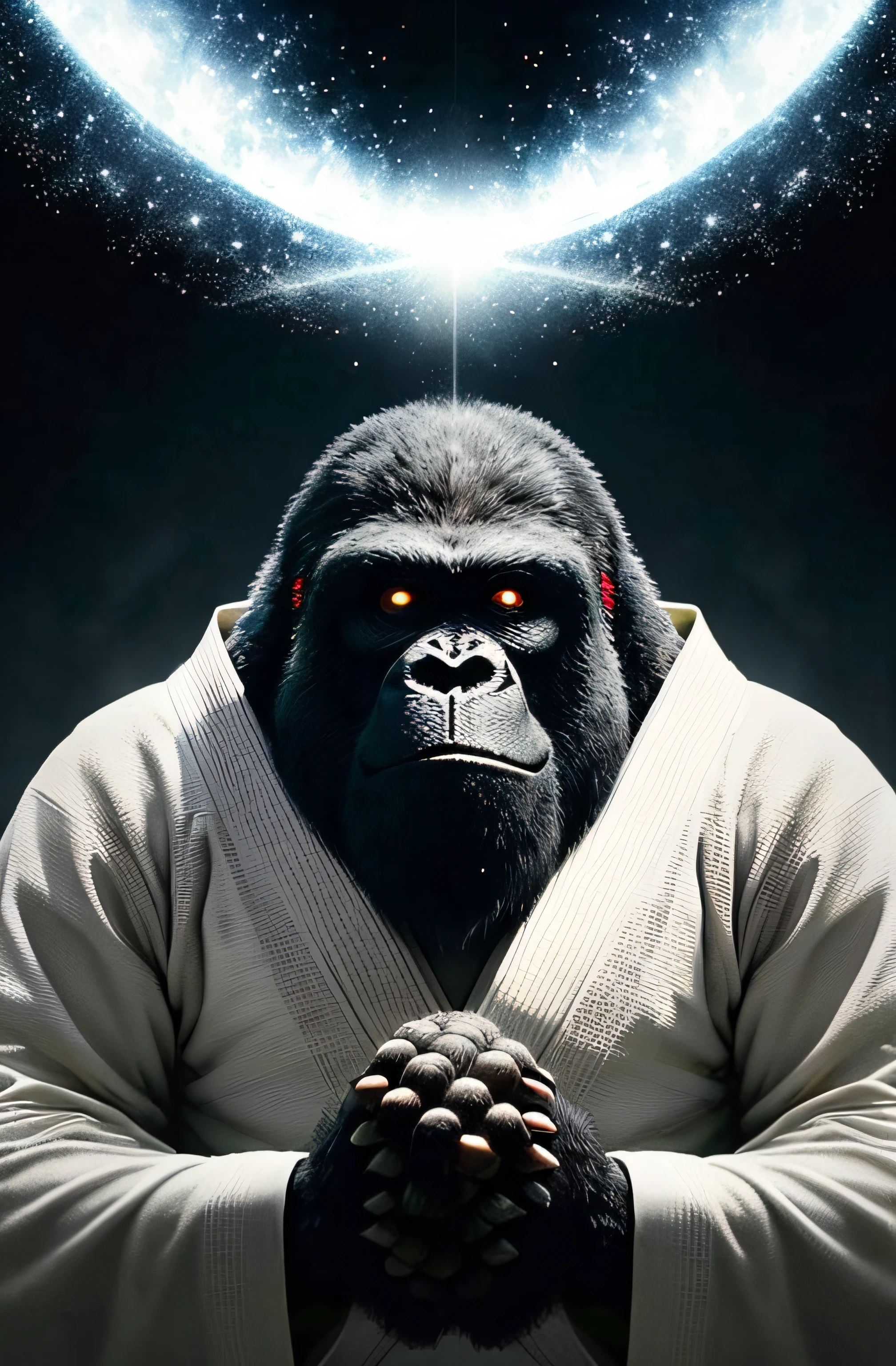 papel de parede 8k extremamente detalhado), intrincado, ricamente detalhado, Dramatic, (king kong with white jiu-jitsu kimono), Estilo Tekken, pronto para o combate, Rosto sinistro desenhado com apenas um par de olhos vermelhos aparecendo por baixo, graphics insanely, luz refletida nos enfeites, Escuro, Show the whole person with some distance from the surroundings to get your own license.