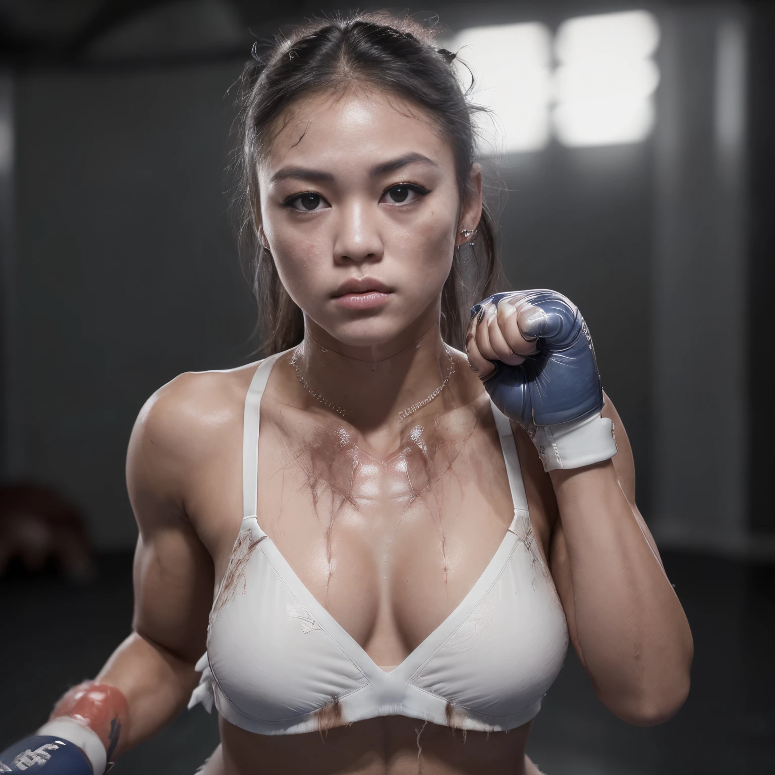(Glamour photograph of a 18 year old Melanesian mix Asian woman), (white skimpy lingerie, MMA gloves), (highly detailed face:1.4), (muscles:1.2), (MMA pose:1.4), (background inside light, bright, private gym:1.1), (8k, uhd, dslr, high quality, cinematic lighting, bokeh), (dramatic, award winning photography, incredible masterpiece:1.3), (((she looks like she just beat up a man in a brutal fight:1.6)))
