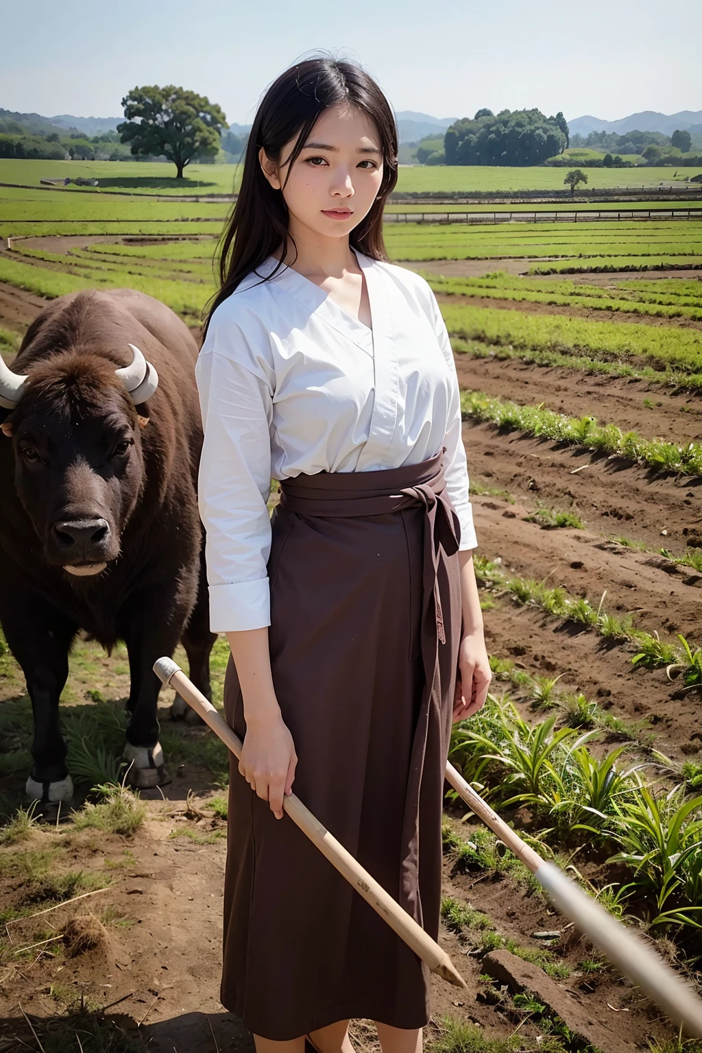 8k, (Best Quality), ultra high res, (photo realistic:1.4), raw photo, 1japanese beautiful woman, 26 years old, ploughing a paddy field with a buffalo