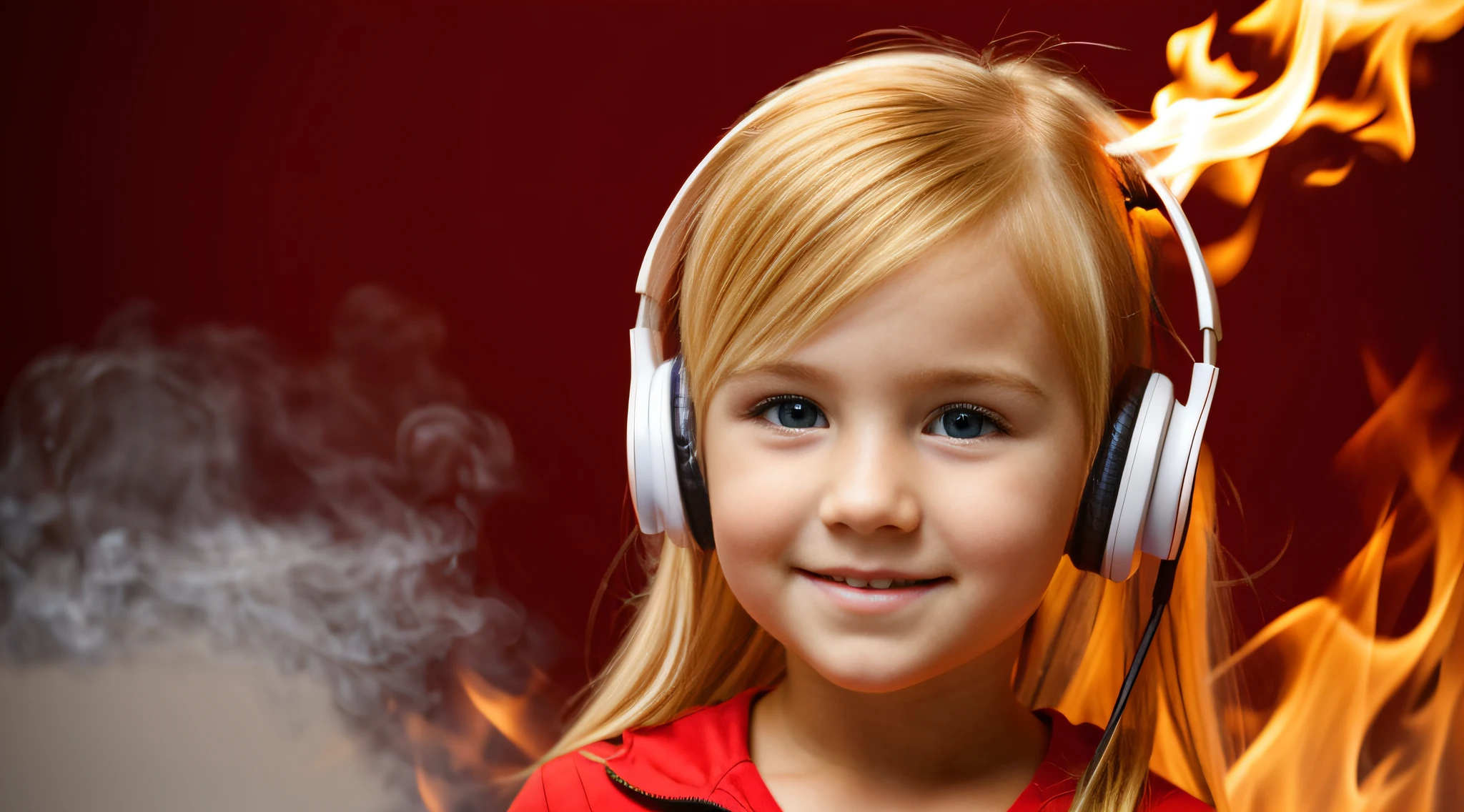 loira com cabelo de fogo com fones de ouvido e fogo ao fundo, fechar para cima. fundo vermelho.