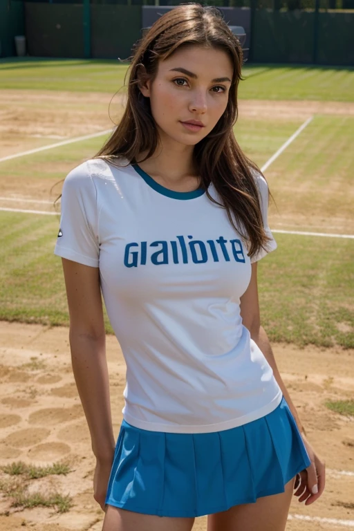 Carla "(best quality,highres,realistic),beautiful detailed eyes,beautiful detailed lips,perfect face,20yo woman,athletic body, plays tennis, full body. wears skirt, wears t-shirt