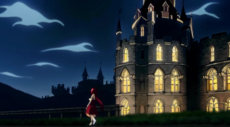 Anime scene of a woman in a red dress walking in front of the castle, Screenshot of the animated movie, ( castle in background ), anime movie screenshot, anime scene, beautiful anime scenes, Makeup Gremory, Today’s recommended anime still, ancient magician, Screenshots from the 2012 animation, Still from anime, Heavy vignette!