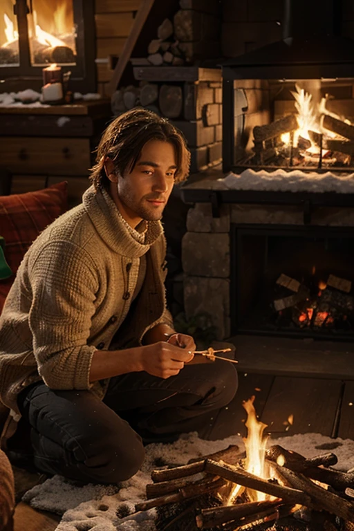 Simulate a hyperrealistic AI image of a man roasting marshmallows over a crackling fire in a cozy log cabin, with snow falling outside and a Christmas wreath on the door.