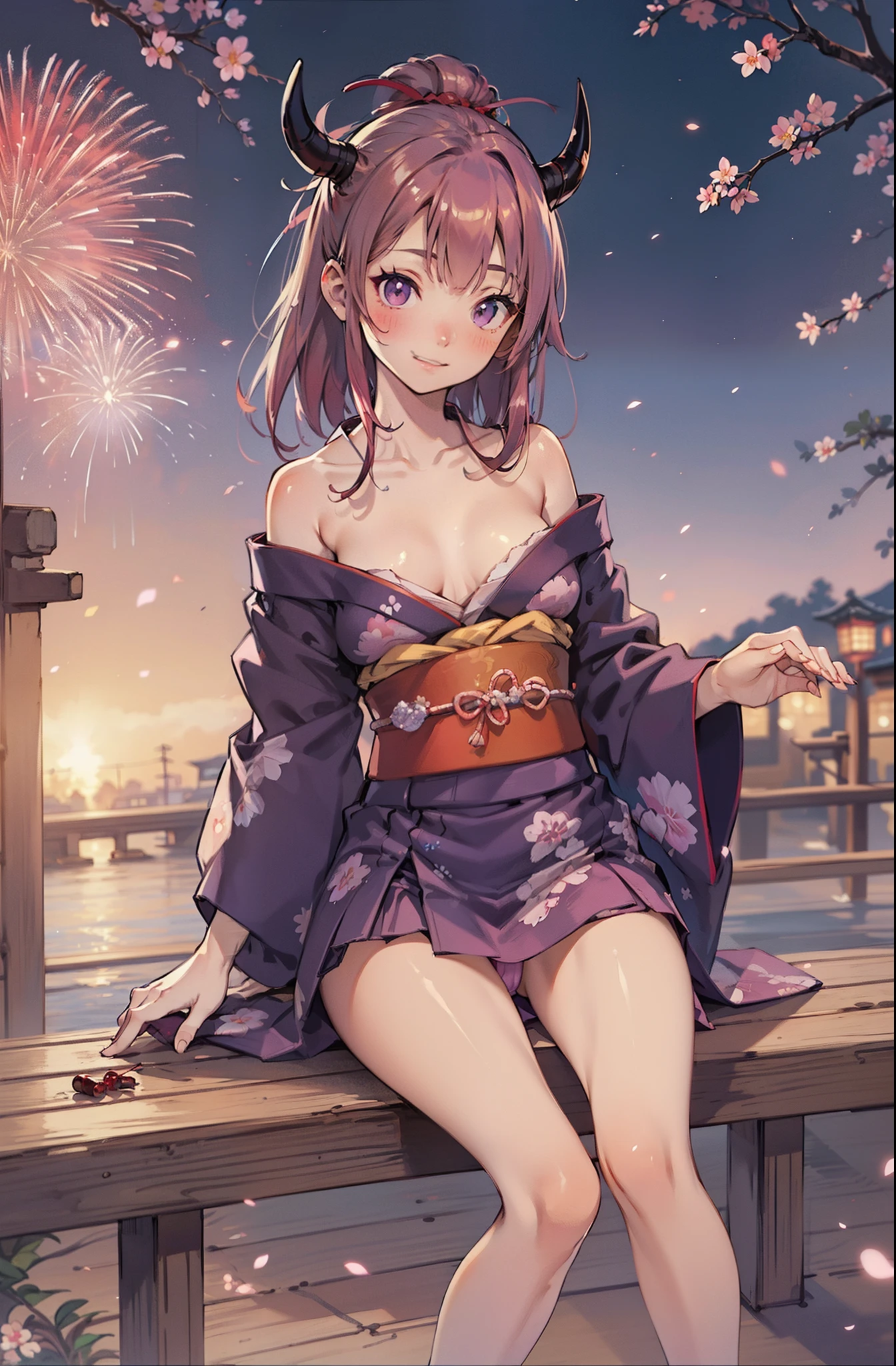 (masutepiece, Best Quality:1.2), (1girl in, Solo), (NSFW, Lori), 15yo student, Upper body, (Purple kimono, Purple eyes), Cherry red hair, milky devil horns, Smile, (blush:1.1), Sitting on a wooden bench, (Open legs, Skirt lift, Showing panties, light pink panties with red ribbon), The ancient capital of Japan, (nigh sky, Fireworks)