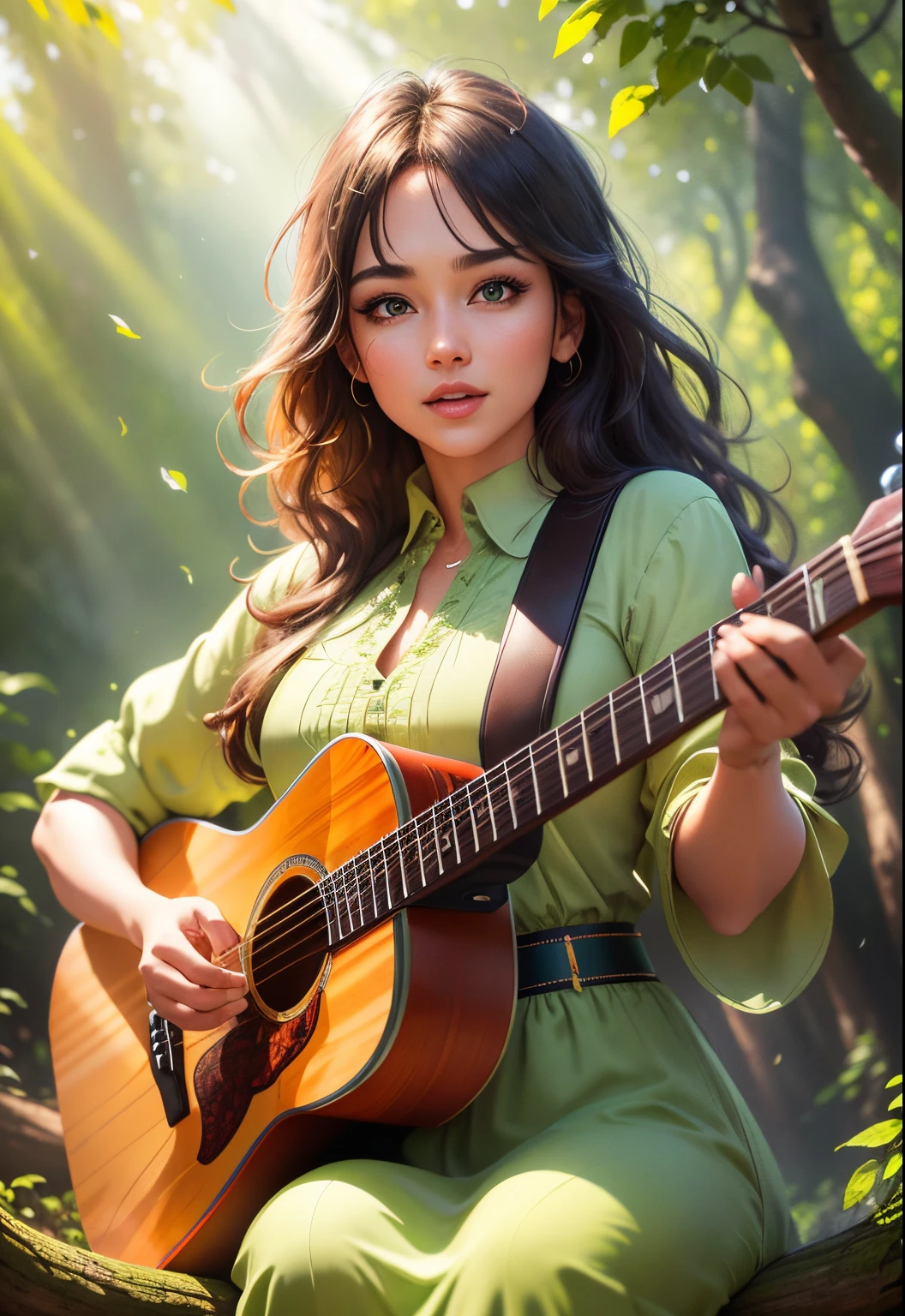 (best quality,4k,highres:1.2),ultra-detailed,realistic,beautiful detailed eyes,beautiful detailed lips,extremely detailed eyes and face,longeyelashes,1woman,woman sitting on tree trunk with playing a guitar,autumnal,falling leaf,Cinematic light and shadow,k hd,photorealistic:vibrant colors:1.1,vivid foliage:1.1,natural backlighting:1.1,serene expression,soft warm sunlight,joyful atmosphere,lush greenery,melodic voice,microphone in hand,flowing green dress,loose flowing hair,musical notes floating in air,microphone stand,enhanced contrast:1.1,dynamic pose,subtle bokeh:1.1