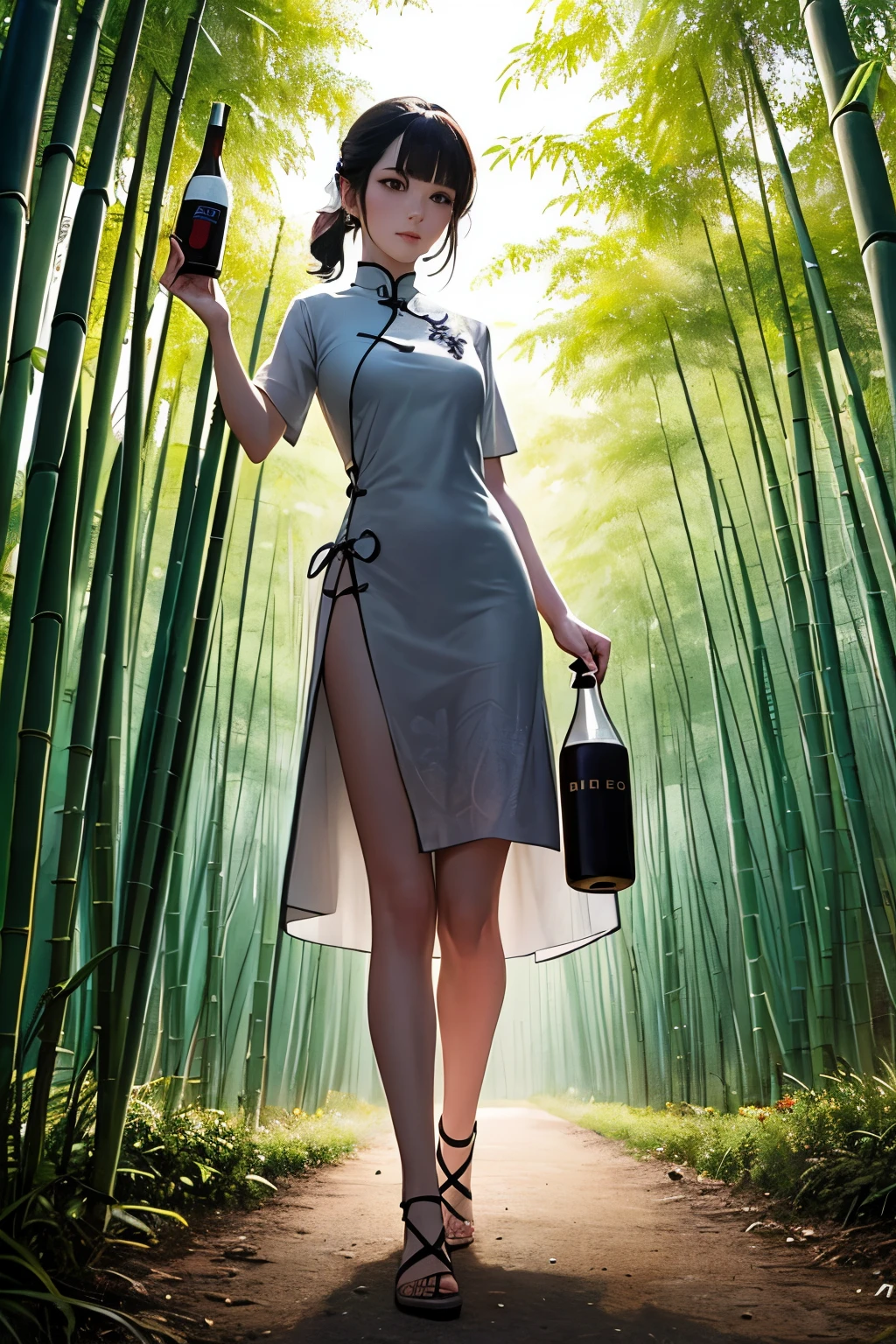 ((Best quality at best)),China-style，Deep in the bamboo forest，There  a small pavilion。The pavilion  surrounded by green bamboos，The sun shines through the gaps in the bamboo leaveorming a mottled light and shadow。A woman in a white dress holding a bottle of wine，Walk through the bamboo forest，Silhouette close-up