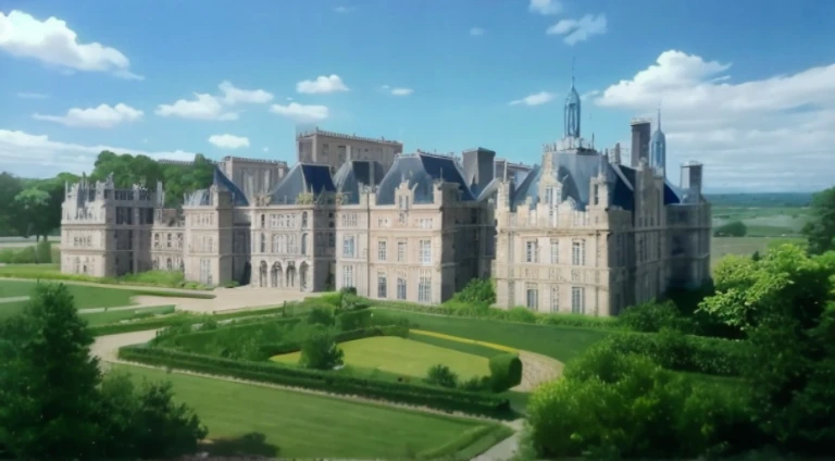 There a big castle,There a garden in front, palace background, castle scene manga, Grail Palace, Cheverny Castle, luxury castle, Madhouse Studio anime style, palace of versailles, style of madhouse anime, Screenshot of the animated movie, 1 8th century manor, Cheverny Castle, Anime landscape concept art