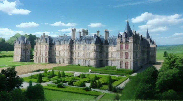 There  a big castle，There  a garden in front, palace background, castle scene manga, Grail Palace, Cheverny Castle, luxury castle, Madhouse Studio anime style, palace of versailles, style of madhouse anime, Screenshot of the animated movie, 1 8th century manor, Cheverny Castle, Anime landscape concept art