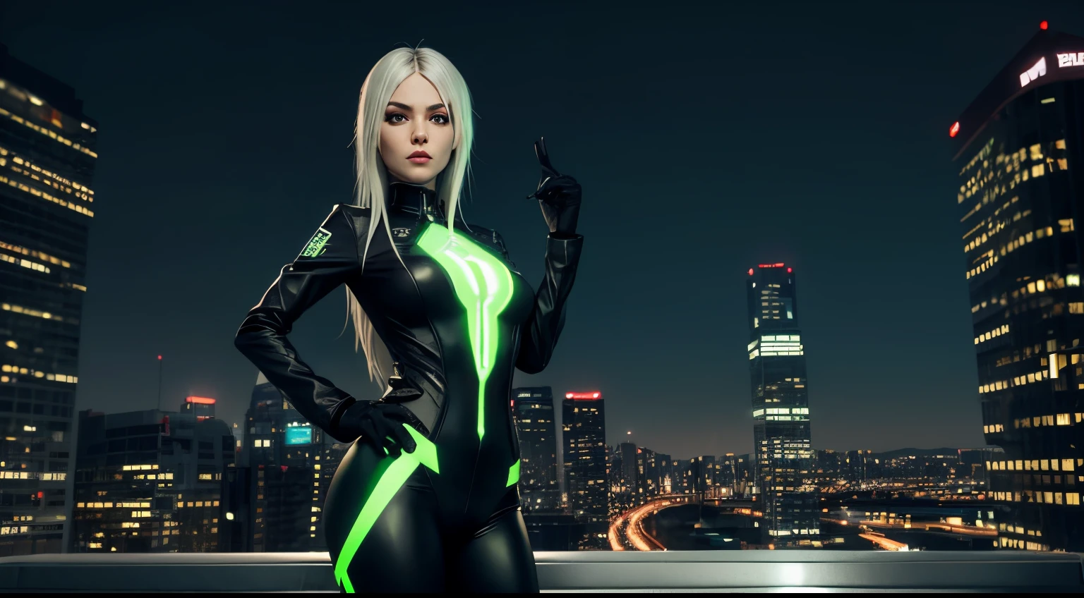 Female character with Slavic appearance. Dressed in a sexy black suit with light green stitching and white patterns on the clothing.... Stands at night against the backdrop of an ultra-modern city in a sexy pose.... asks with a gesture to come to her.